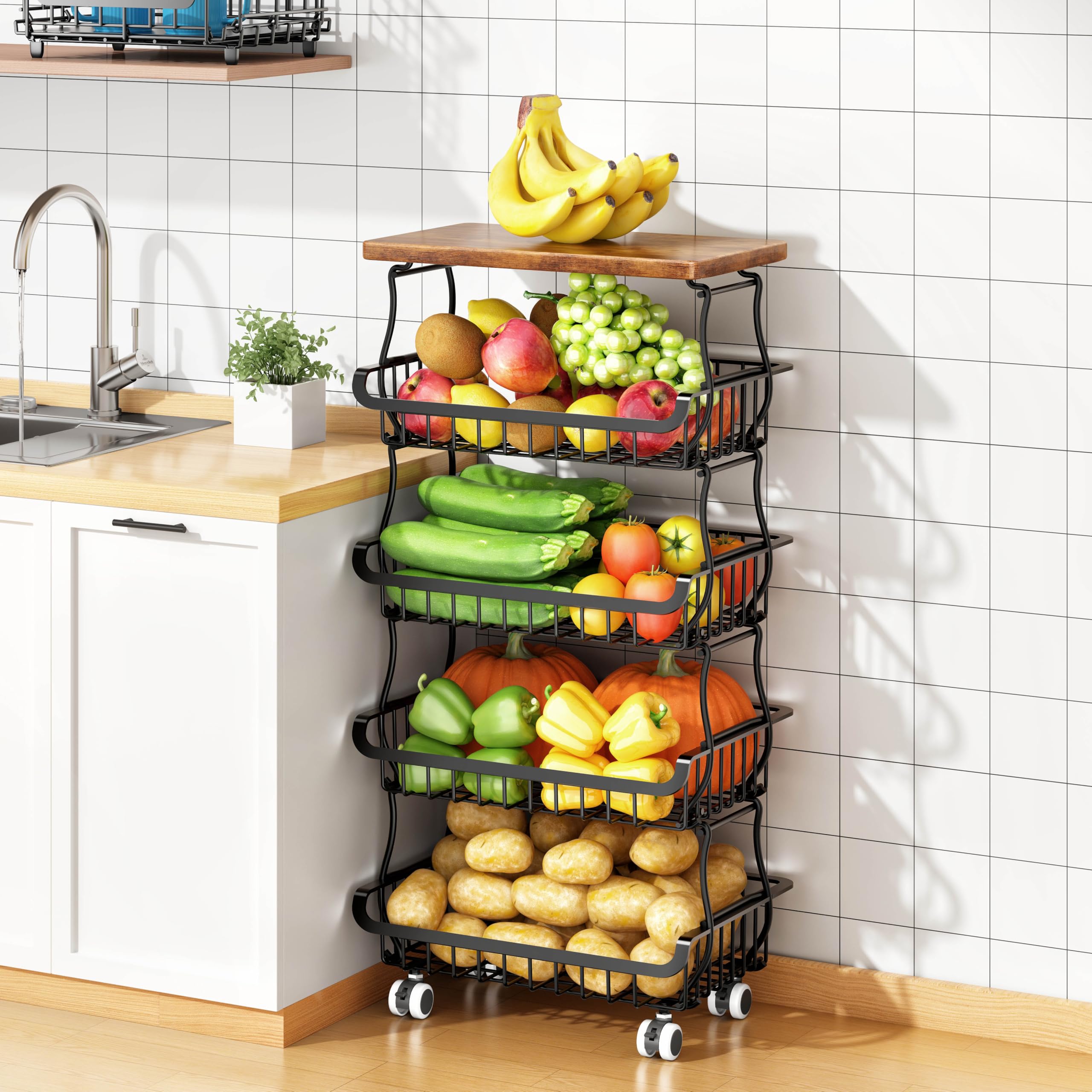 Jusdyrack 5 Stöckiger Obst und Gemüsekorb mit Rollen Gemüseregal Stapelbarer Metall-Aufbewahrungswagen für Küche Vorrat Bad Wohnzimmer Kitchen Organizer Trolley Korbregal vorratsregal speisekammer
