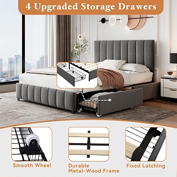 4ft6 Double Bed Frame with 4 Storage Drawers, Upholstered Platform Bed with Adjustable Channel Tufted Headboard, Velvet, Sturdy Metal-Wood Support, No Box Spring Needed, Easy Assembly, Grey Double Bed