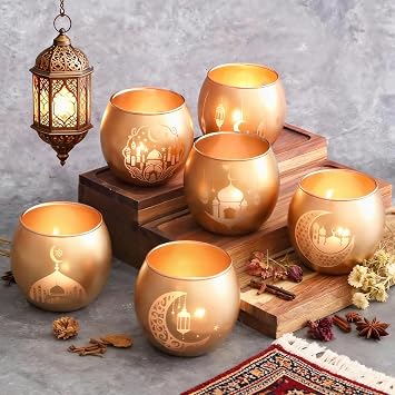 Gold Ramadan Decorations for Home Set of 6, Mosque & Crescent Moon Glass Tealight Candle Holders, Star & Lantern Votive Holders for Ramadan Table Decor, Elegant Eid Mubarak Islamic Gifts
