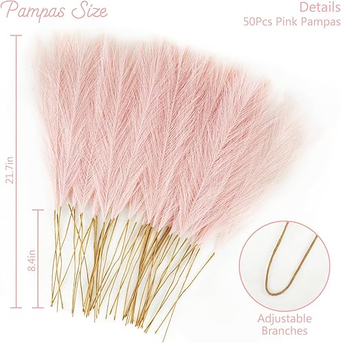 Miniatura 4 de 50 piezas de decoración de hierba de pampa sintética rosa, 21.6 pulgadas, césped artificial pomposo floral, ramas de hierba, florero, arreglo floral