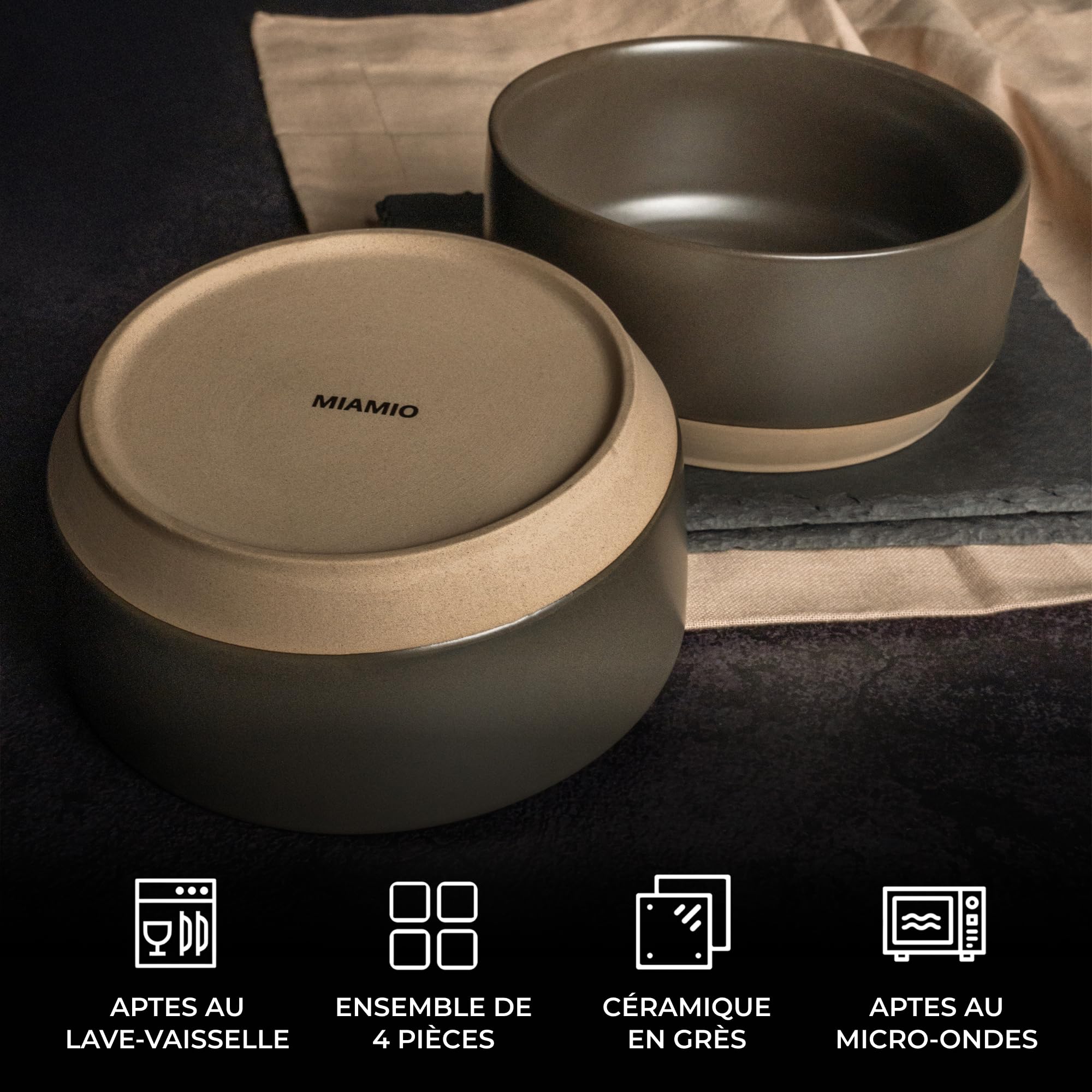 MIAMIO – Ensemble de 4 bols/Ensemble de bols en céramique (850 ml) pour pâtes, ramen, céréales, salade – Convient au lave-vaisselle et au micro-ondes – Collection Sierra (Noir, Bols (4x))