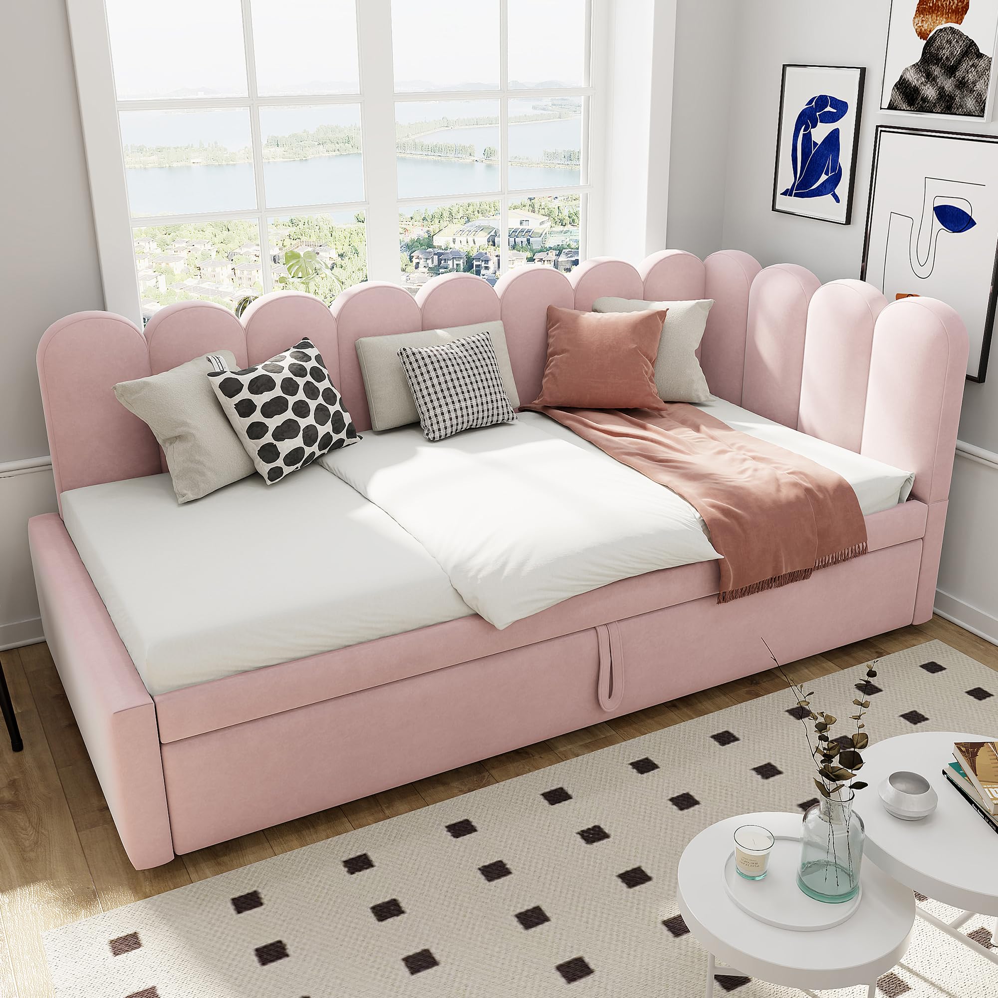 2-in-1 Multifunktions-Schlafsofa in L-Form (90/180 x 200 cm), Samtbeige Polsterbett als Kinderbett oder Gästebett genutzt Werden (Rosa, 90 x 200 cm (Innenmaß))