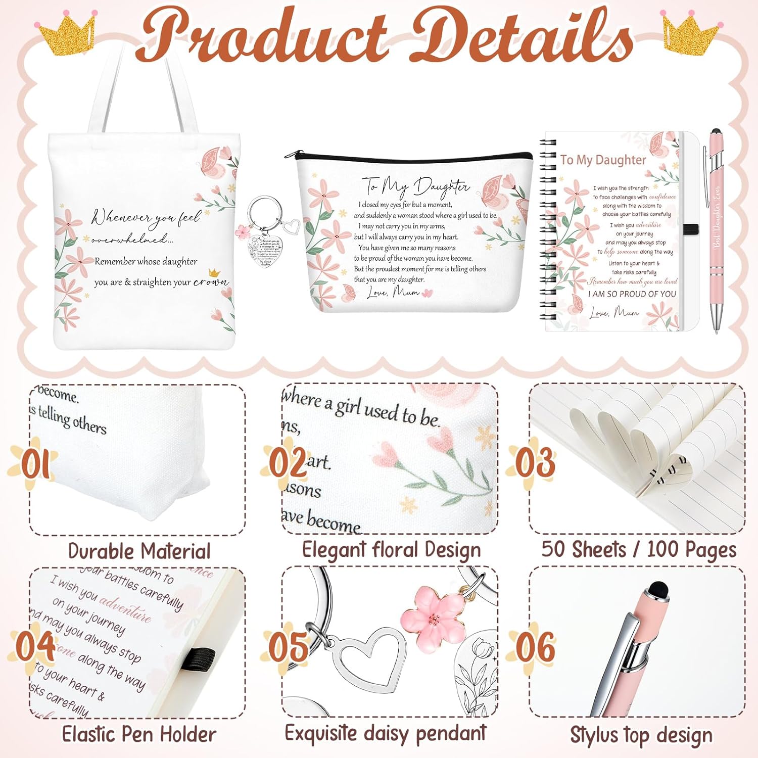 クリスマス娘ギフト5点セット 娘へのインスピレーションを与えるギフト トートバッグ、メイクアップバッグ、ノート、ボールペン、キーホル