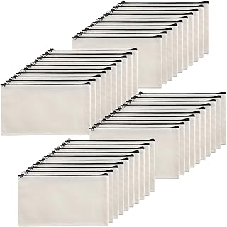 SINJEUN 40 bolsas de tela en blanco de 12 x 21 cm, color beige, con cremallera negra, estuche para cosméticos, viajes, manualidades