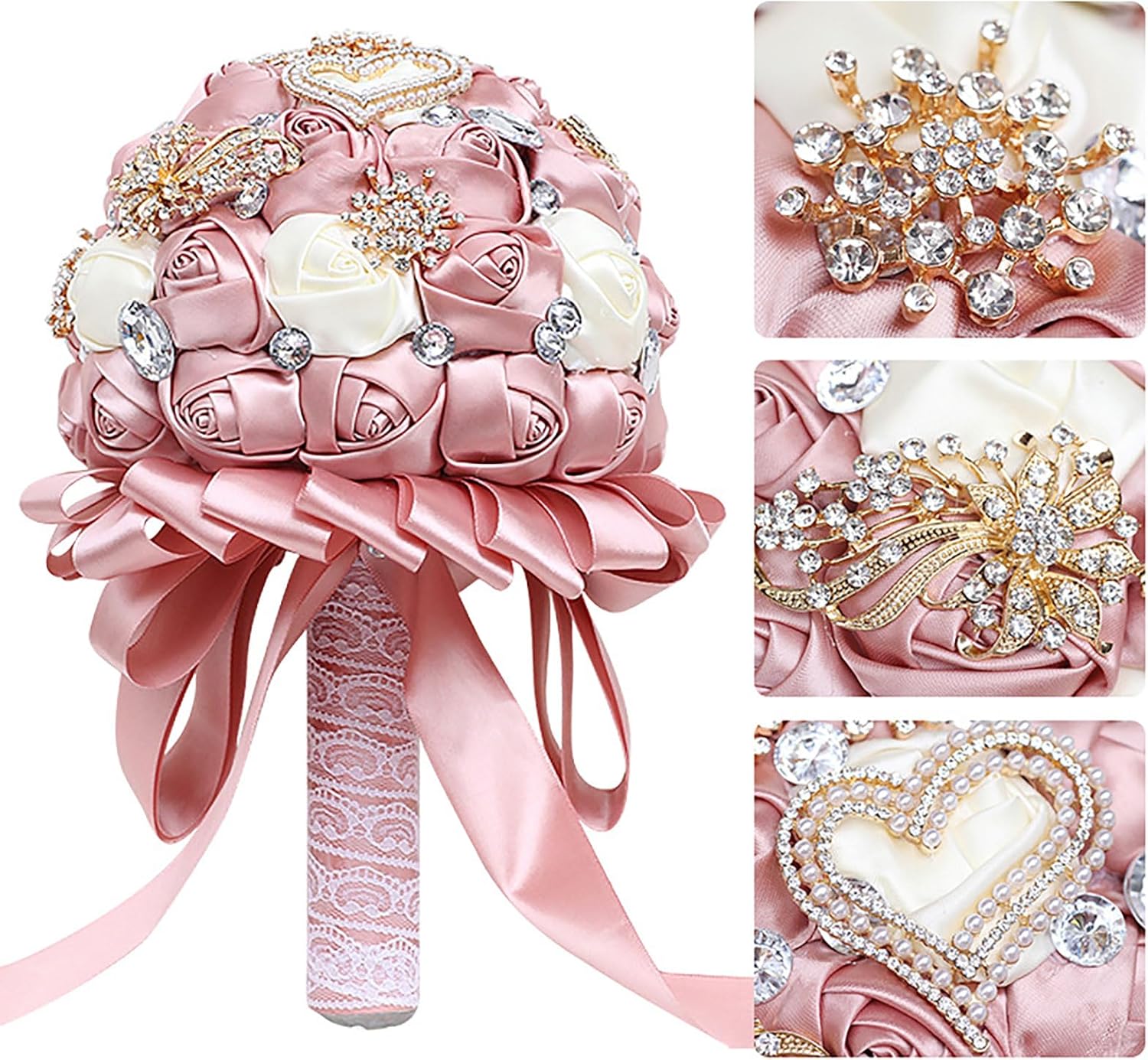 8 Inch Wedding Bouquet Satin Rose Bridal Holding Bridesmaid Crystal Brooch Artificial Flower Bouquet for Indoor Outdoor Resort Wedding Bridal Shower Quinceanera (Dusty Pink 309)