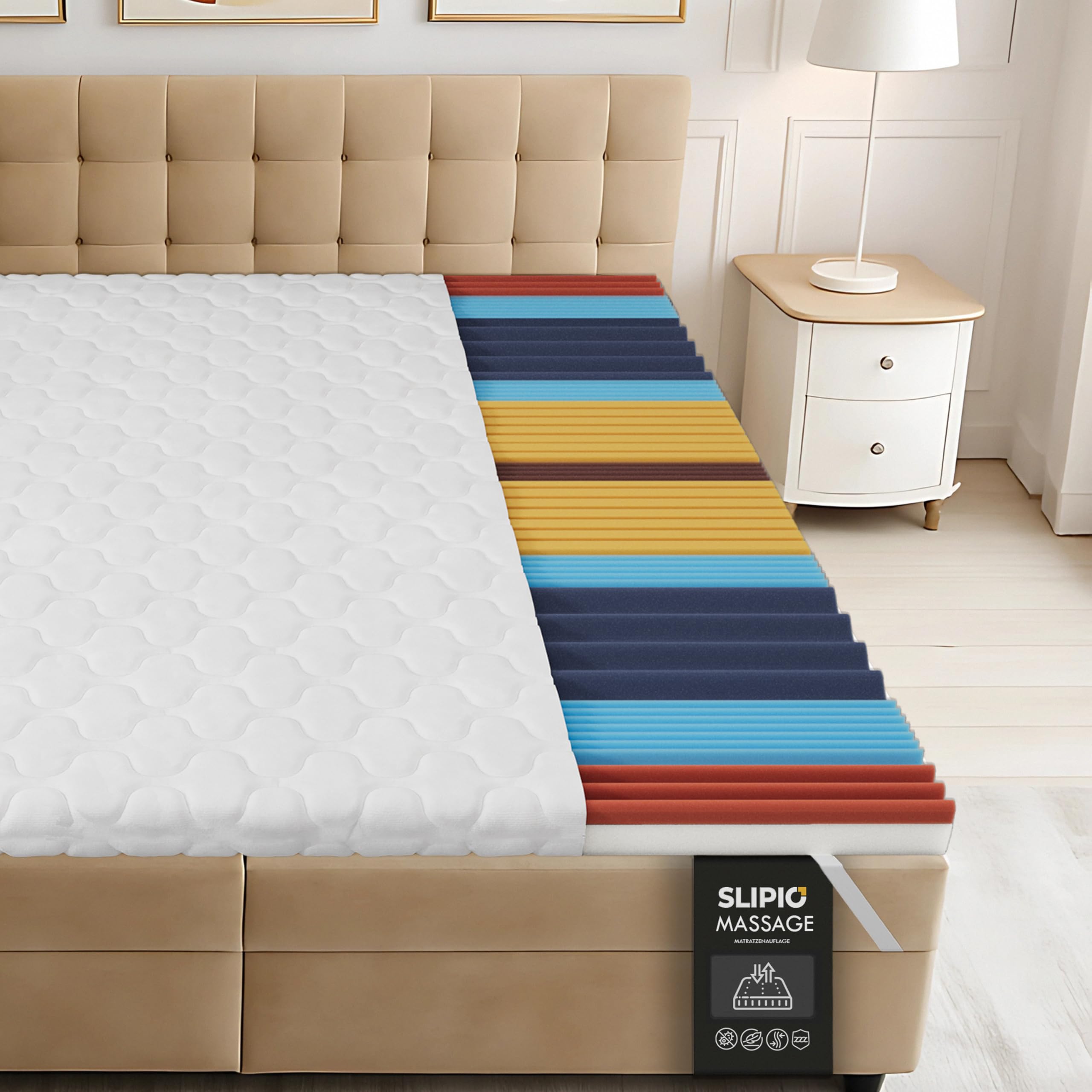 Surmatelas 140 x 180 cm - 6 cm de haut - Massage ergonomique profilé 5 zones - Adaptation optimale au corps - Housse respirante et lavable en machine - Surmatelas hypoallergénique