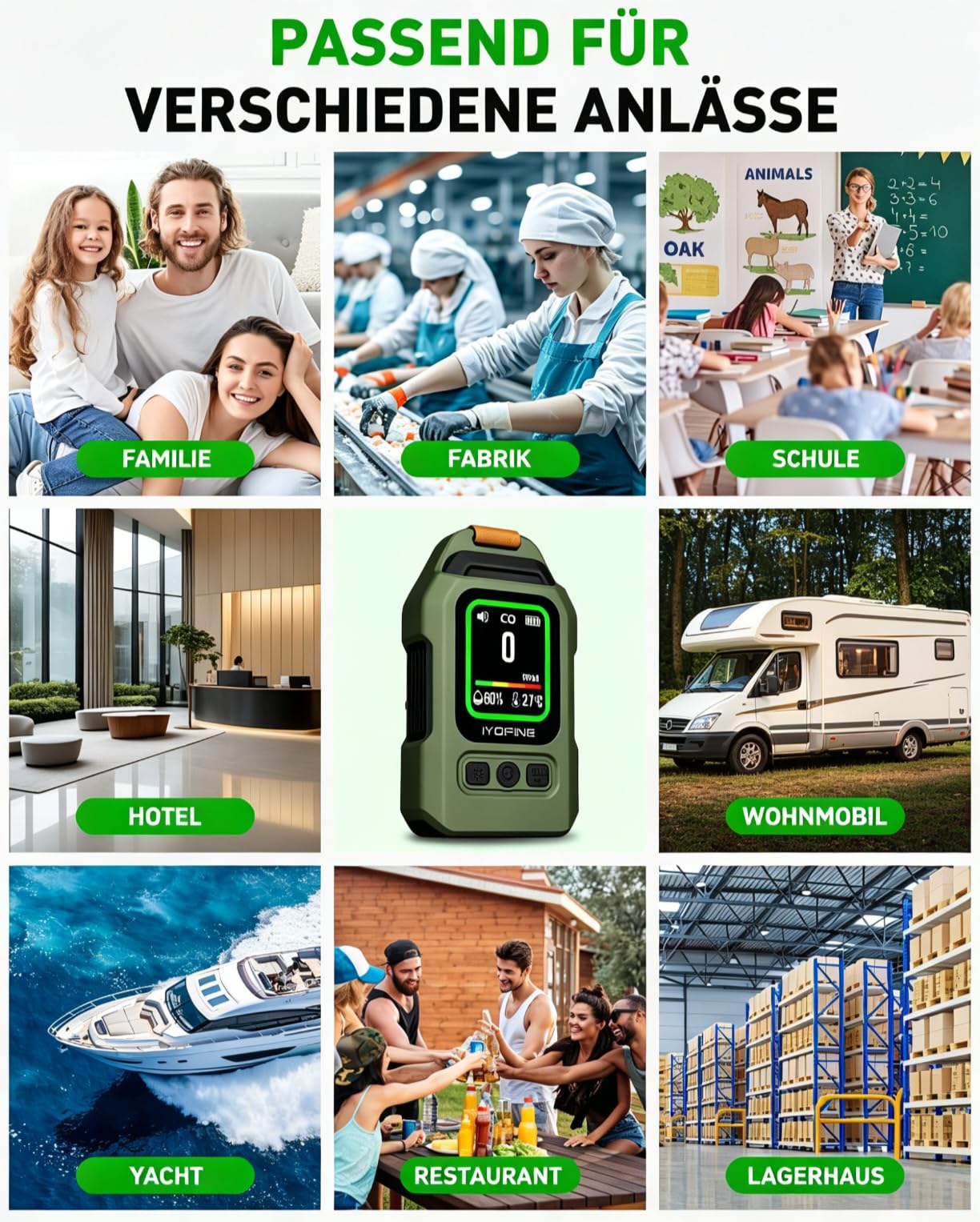 Tragbarer Kohlenmonoxidmelder mit 300 Stunden Akkulaufzeit, Thermo-Hygrometer, Alarm und Notleuchte – perfekt für Camping und Reisen