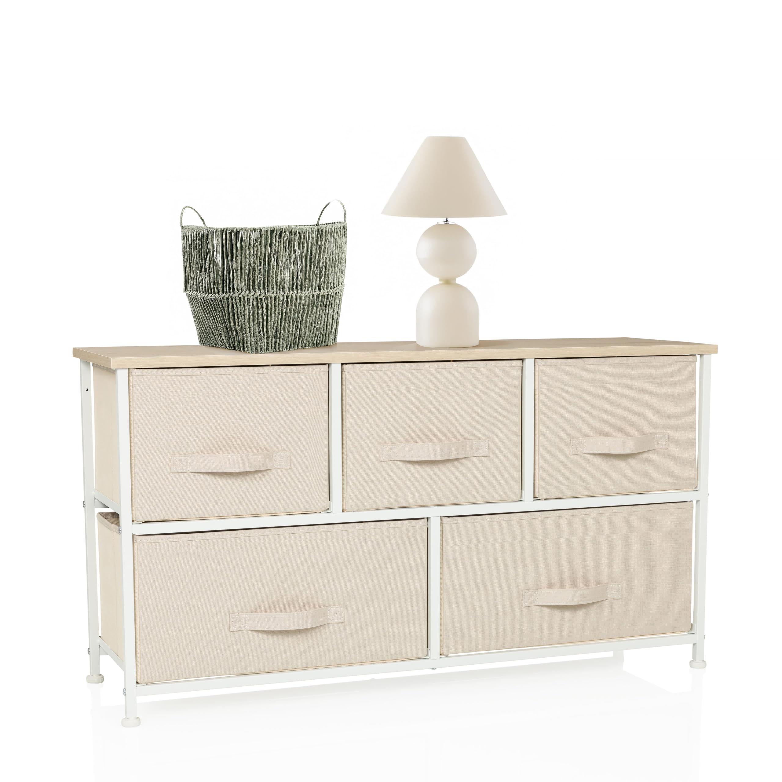 Kommode mit 5 Stoffschubladen, 100x30x55 cm, Beige | Schubladenkommode Organizer, höhenverstellbare Fußgleiter, Metall-Gestell