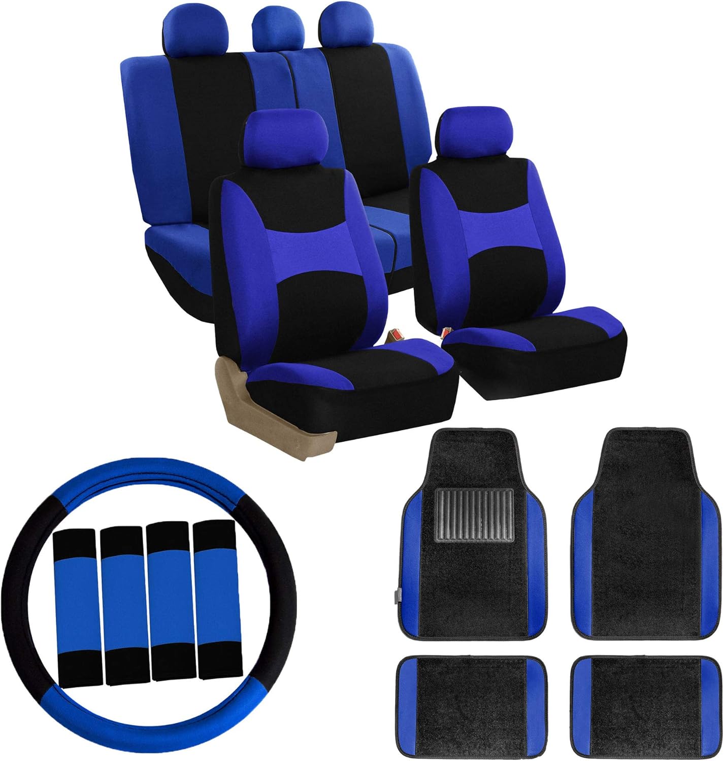 FH Group Car Seat Covers Combo Full Set with Carpet Floor mats Steering Wheel Cover and Seat Belt Pads- Universal Fit for Cars Trucks and SUVs (Blue)