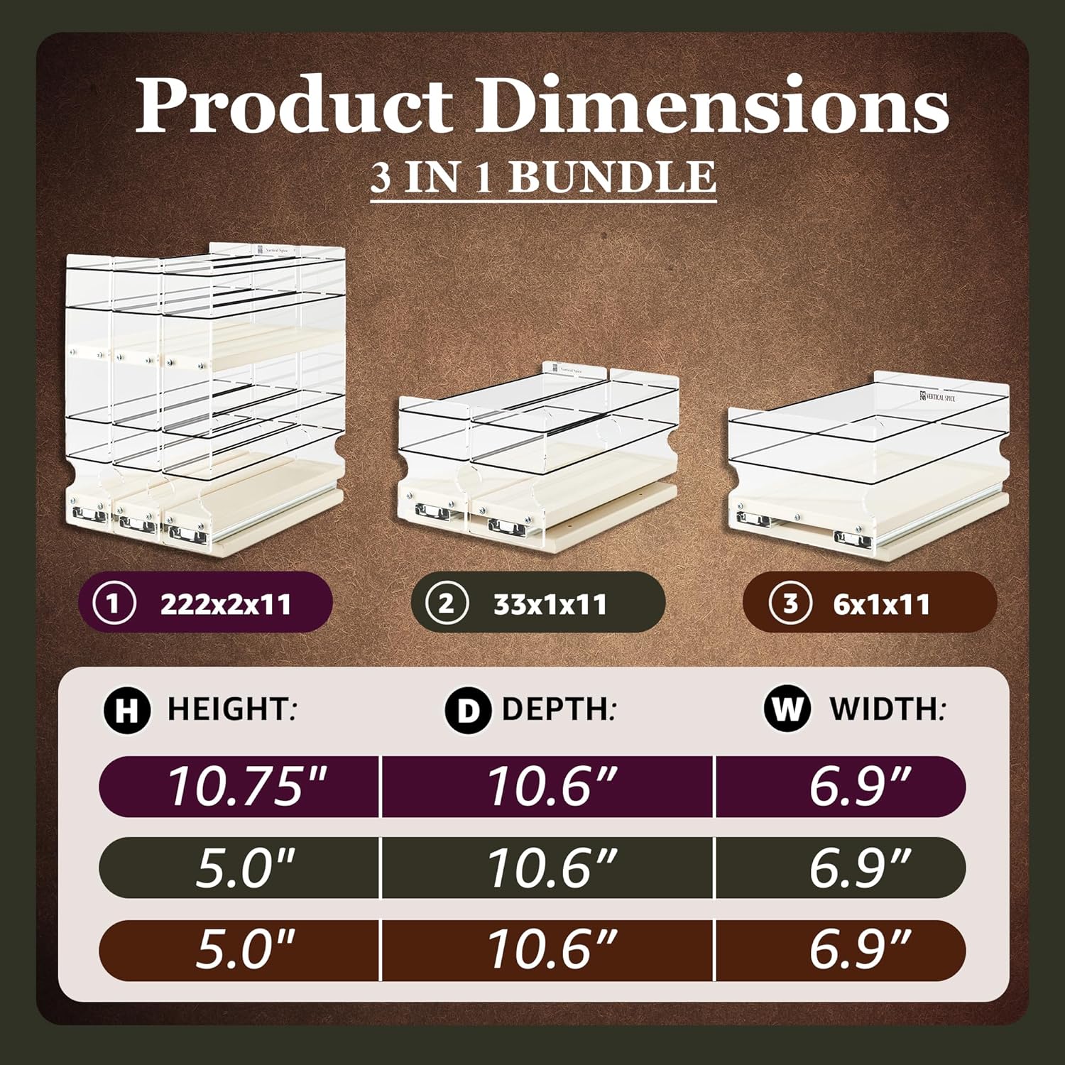 Vertical Spice - 3-in-1 Bundle Kit - Sliding Spice Rack & Pull Out Spice Rack for Inside Cabinets - Cabinet Organizer w/Shelves for Upper Kitchen Cabinets - Pantry Organizers & Storage - Made in USA
