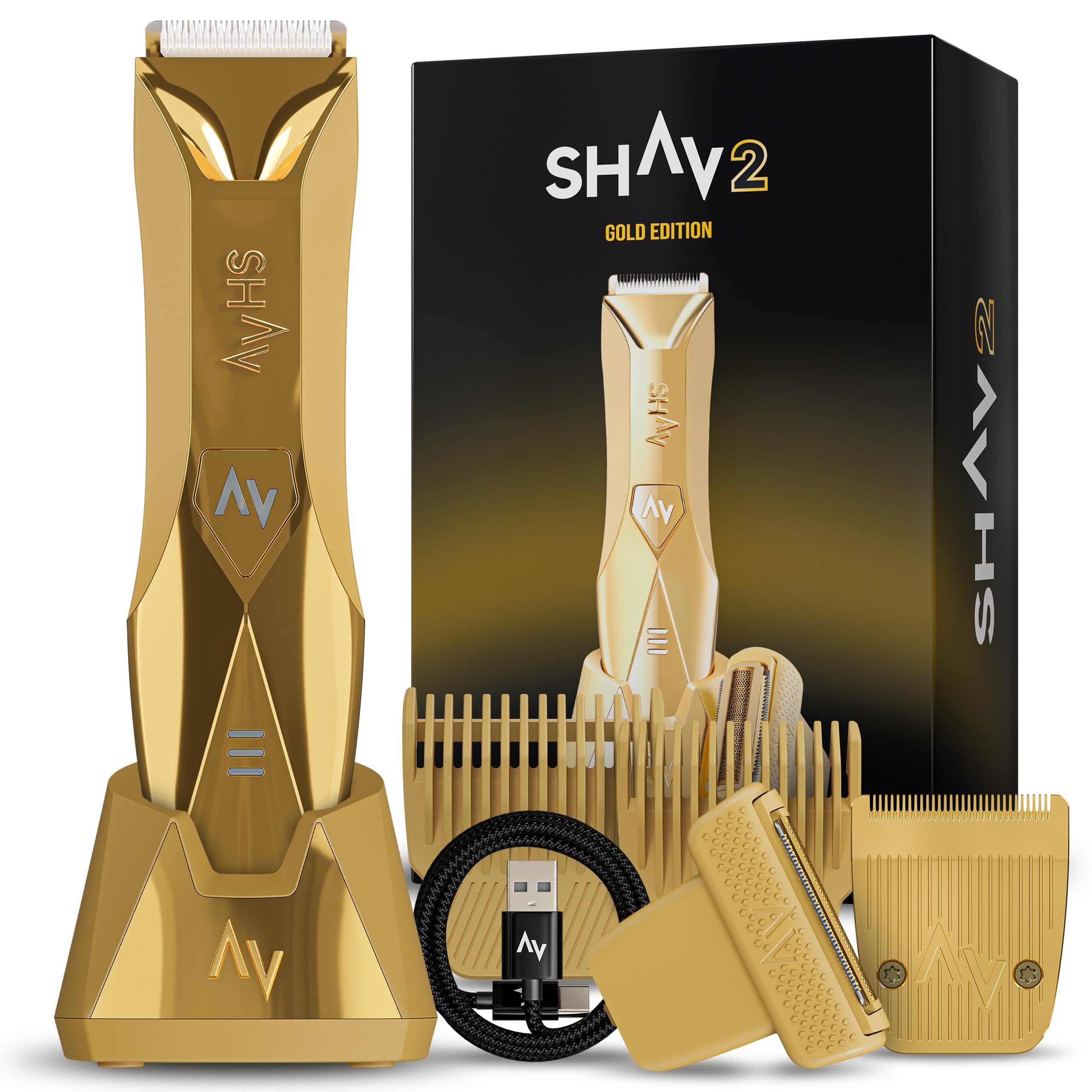 Shav 2 Rasoio per il corpo da uomo, rasoio per il corpo e le aree intime, impermeabile IPX7, per rasatura a umido e asciutto, rasoio di precisione wireless per aree sensibili (oro)