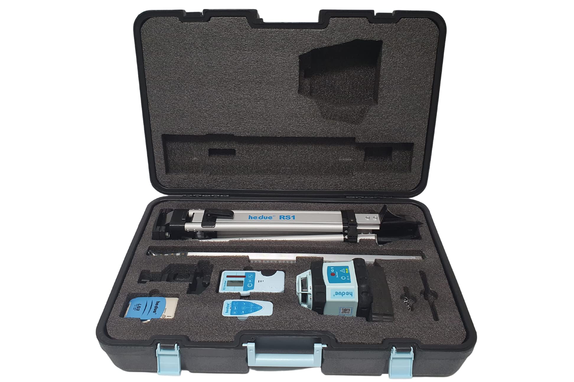 Laser rotante Q1 – laser rotativo autolivellante con raggio laser rosso, in valigetta grande (con treppiede, telecomando, ricevitore laser, piastra di livellamento, caricabatterie)