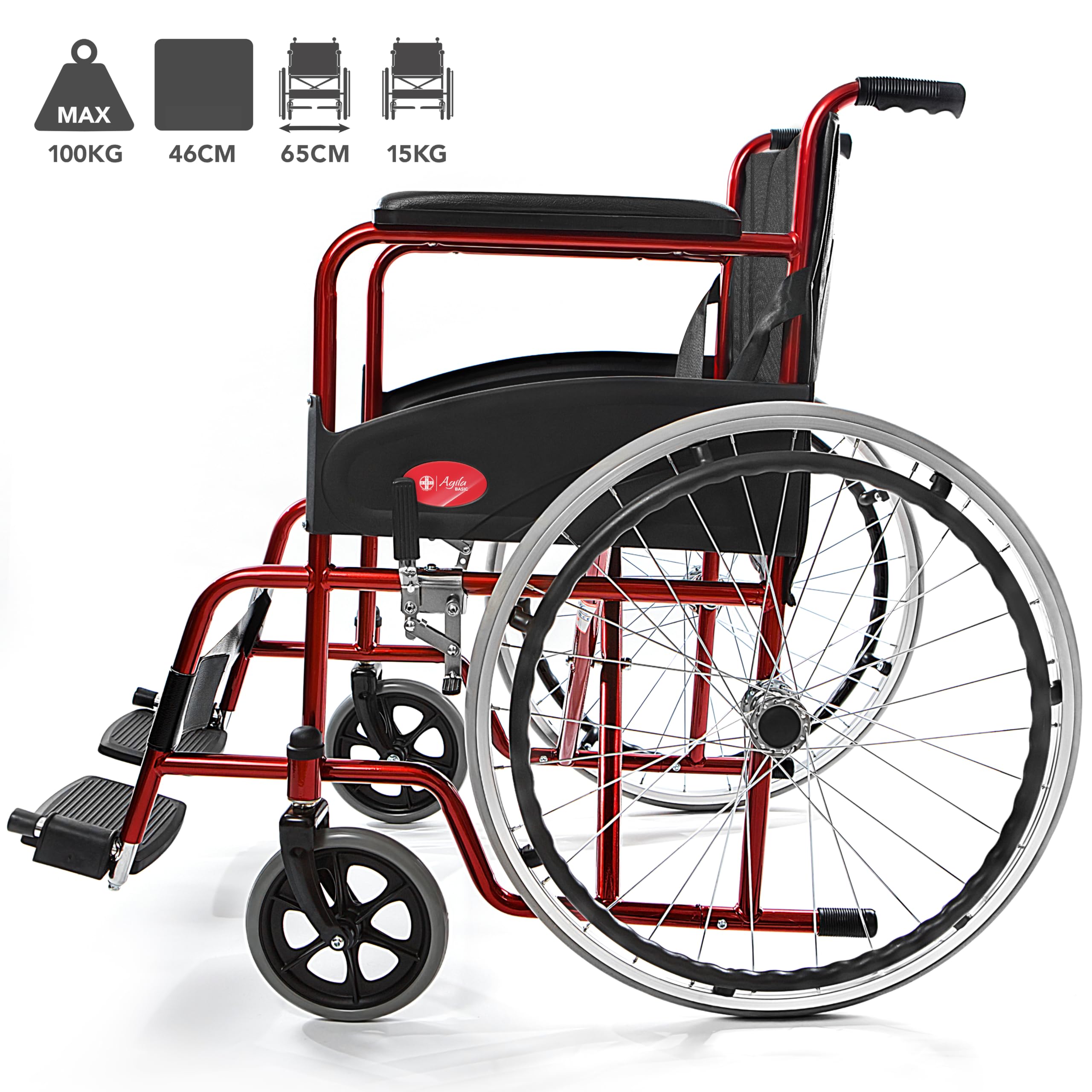 AIESI® Silla de Ruedas plegable ligera de autopropulsión para discapacitados y mayores AGILA BASIC, Reposabrazos y Reposapiés fijos, Cinturon de seguridad, Garantía de 24 meses