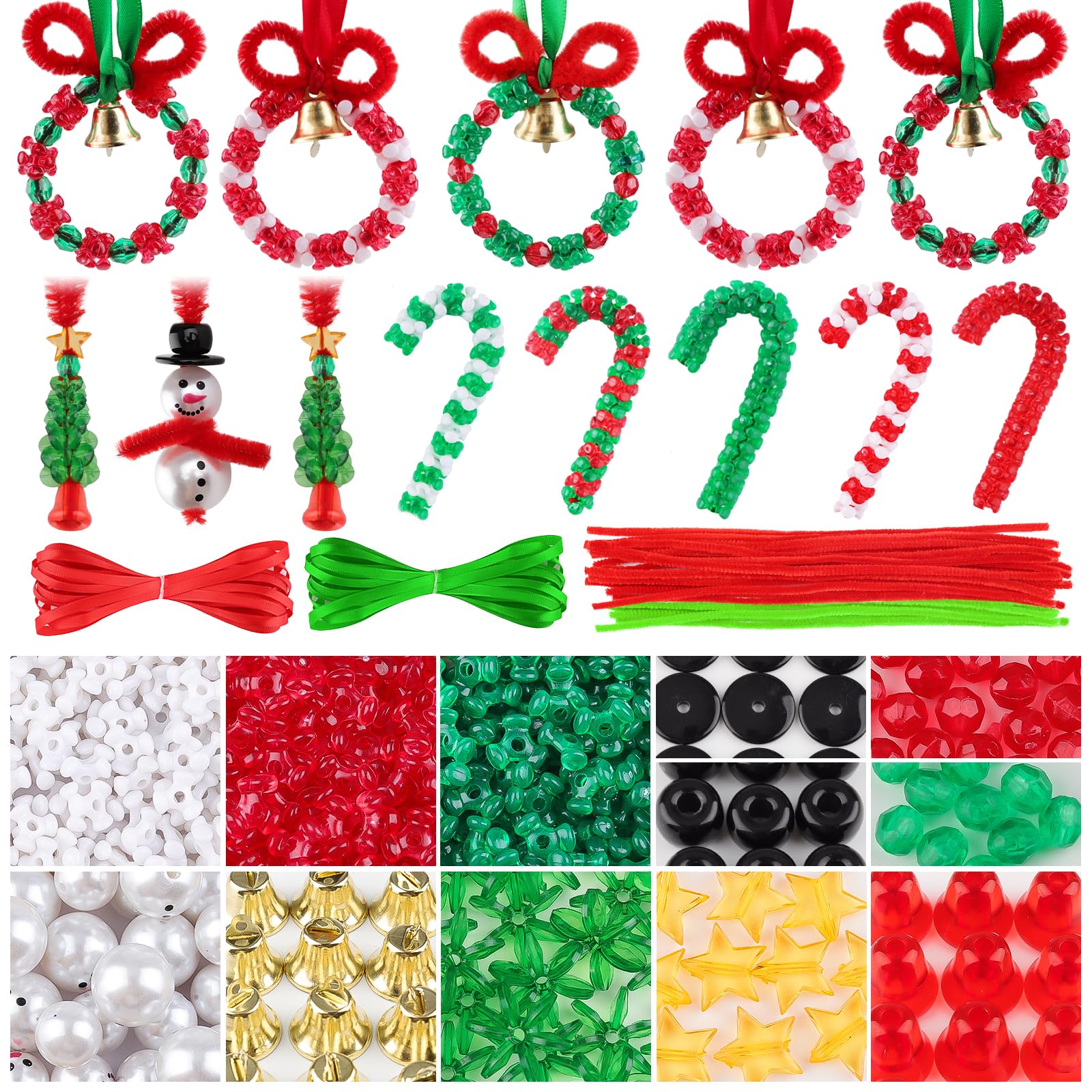Kalolary Weihnachtsperlen Ornament Set Weihnachts Bastelkranz Zuckerstange Glocke Weihnachtsdreieck Windmühle Schneemann DIY Perlen Chenille Stiele Bänder Weihnachtsbaum Hängedekoration Feiertagsparty