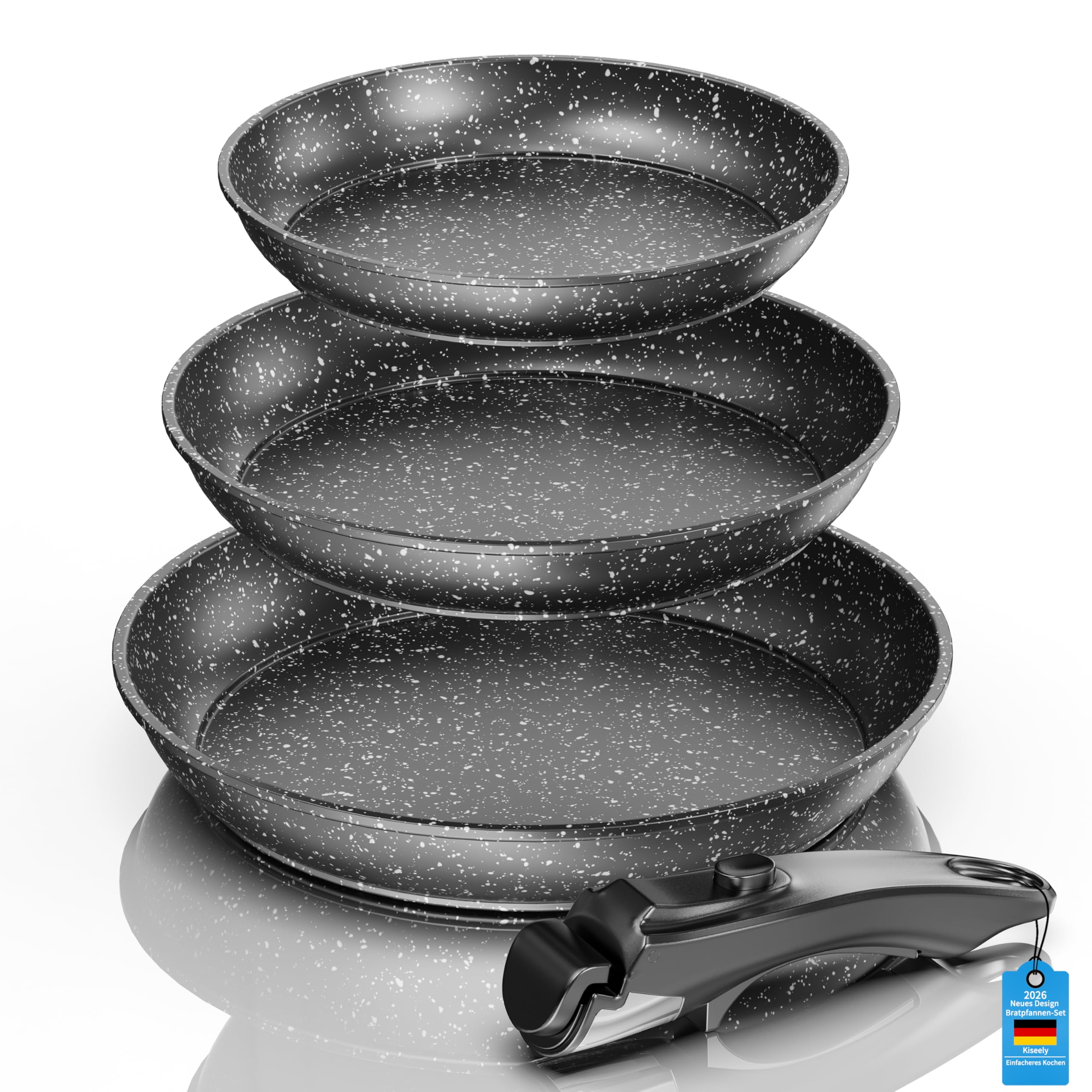 Kiseely Pfannenset mit Abnehmbarer Griff,Bratpfanne mit Antihaft beschichtung,Cool-Touch Handles Suitable for Induction,Electric and Gas Cookers,Platzsparend Pfannen. (Tiefschwarz)