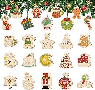 Golibra 60 PCS Wooden Christmas Ornaments, 30 Styles DIY Unfinished Wood Crafts Kit with Strings, Colored Bells and Pens, Blank Wood Slices Holiday Crafts Supplies Christmas Tree Hanging Decorations