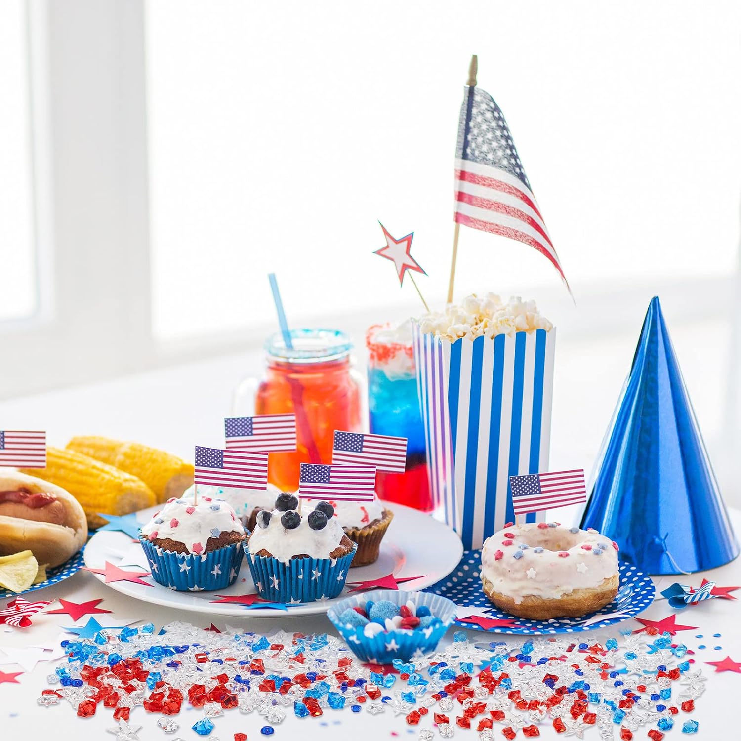 Deekin 240 Pcs Mini Patriotic Acrylic 4th of July Red White Blue Acrylic Beads for Vase Filler Ice Rocks Star Crystals Gems Table Scatter Independence Day Party Wedding Crafts Decoration Display
