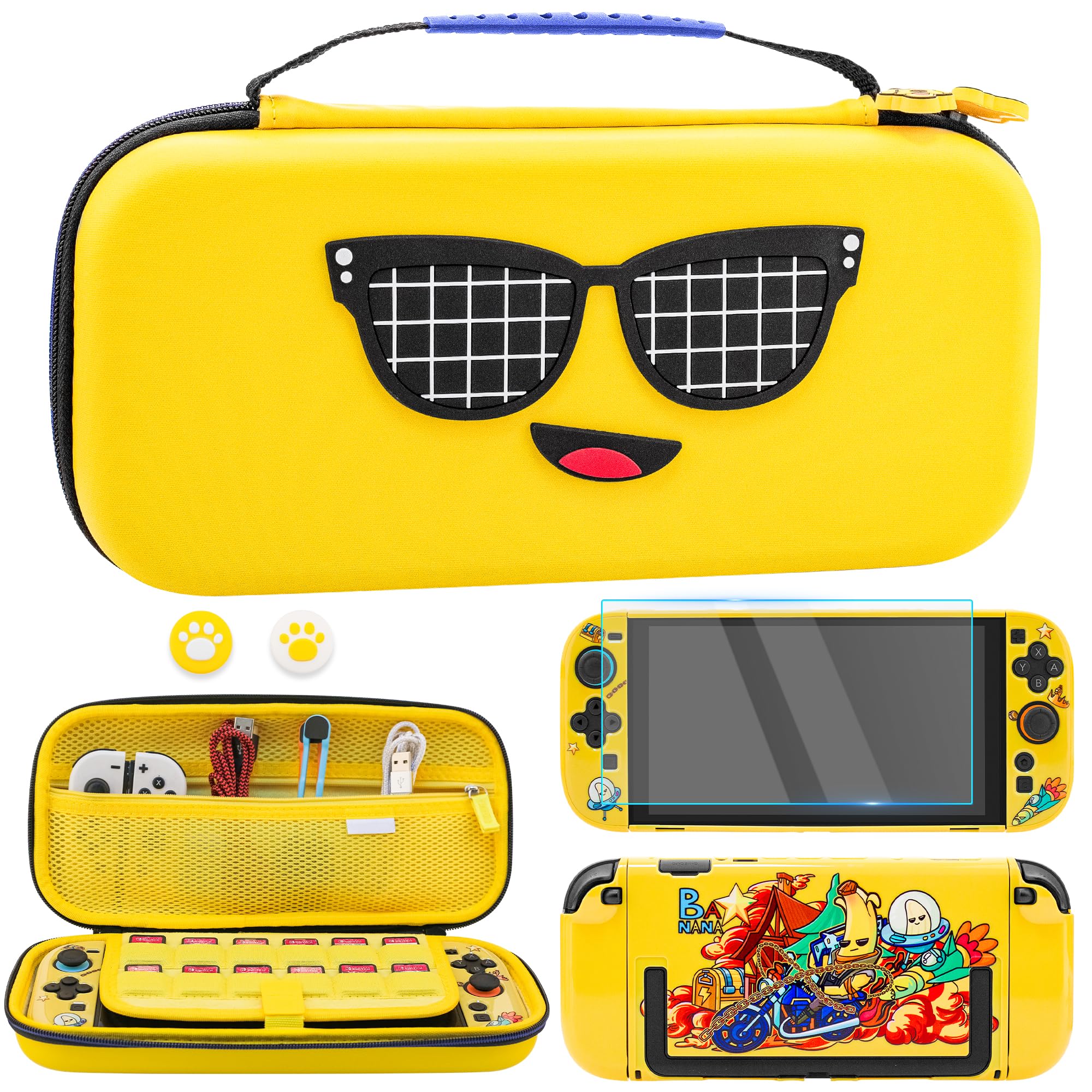 RHOTALL Sac de transport jaune pour Nintendo Switch 2, étui de voyage rigide pour Fortnite Peely, Switch 2 accessoires, étui de protection et sac de rangement avec 12 emplacements et film de