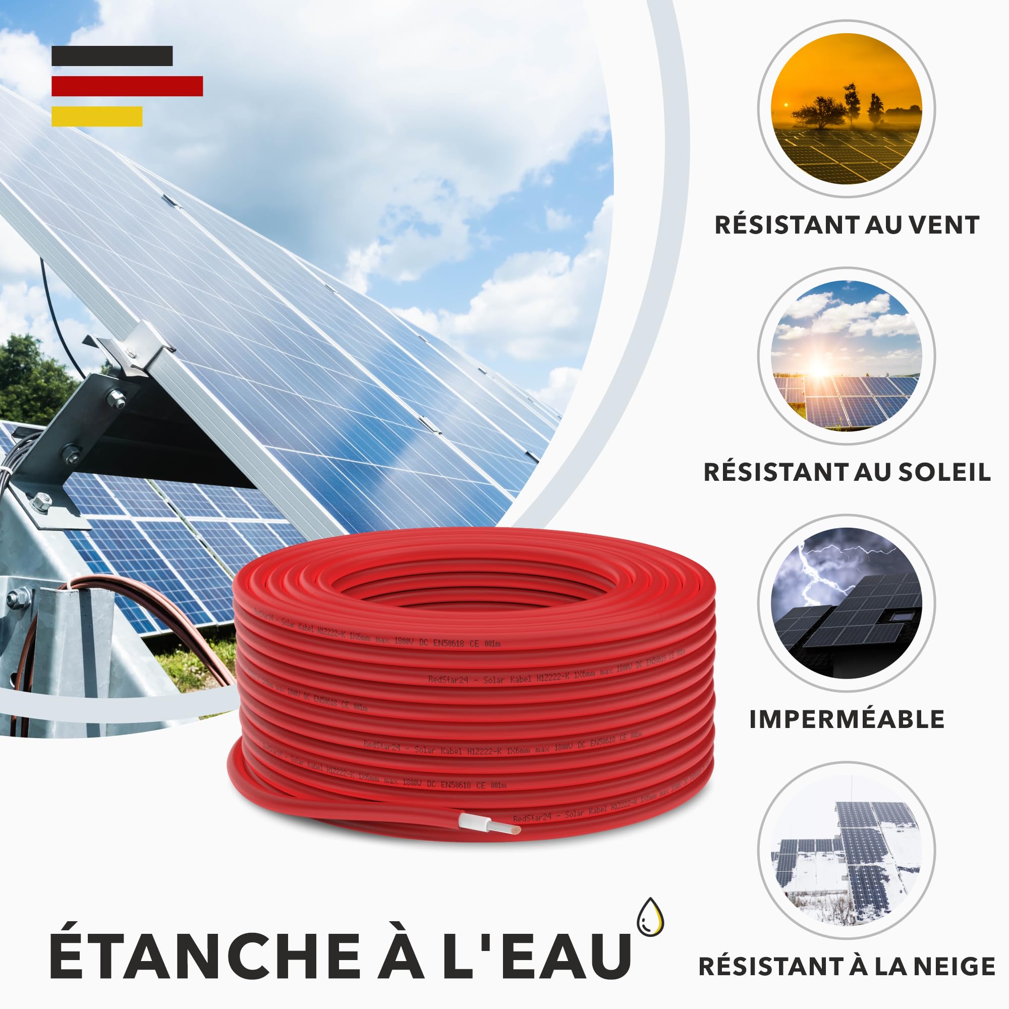 RedStar24 Câble Solaire Premium 4mm² Rouge 50m - Résistant aux UV, Flexible, pour Panneaux Photovoltaïques, Onduleurs & Régulateurs de Charge