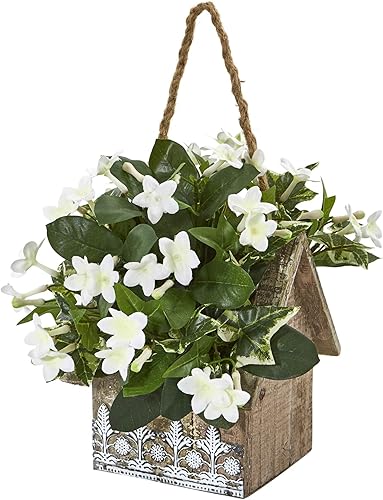 Miniatura 3 de Nearly Natural Mini maceta de seda con diseño floral para colgar en casa de Stephanotis e hiedra, de 10 pulgadas, color blanco