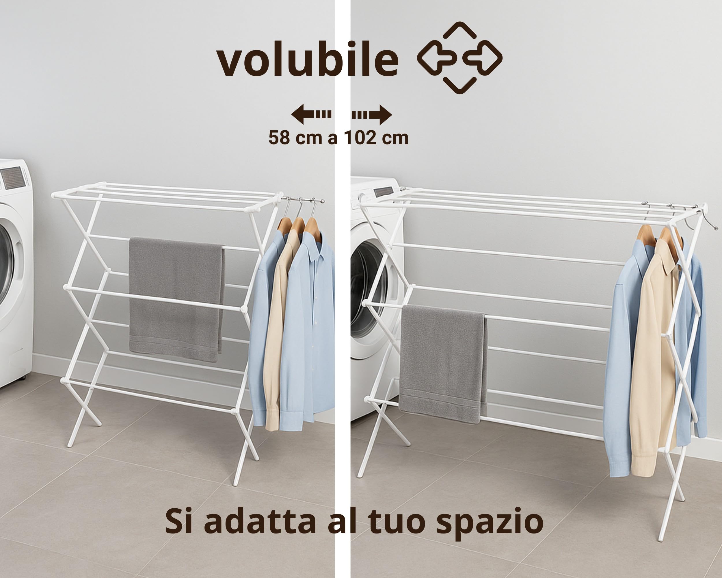 Stendibiancheria Estensibile e Pieghevole 58–102 cm | 2 Bracci Porta Appendiabiti