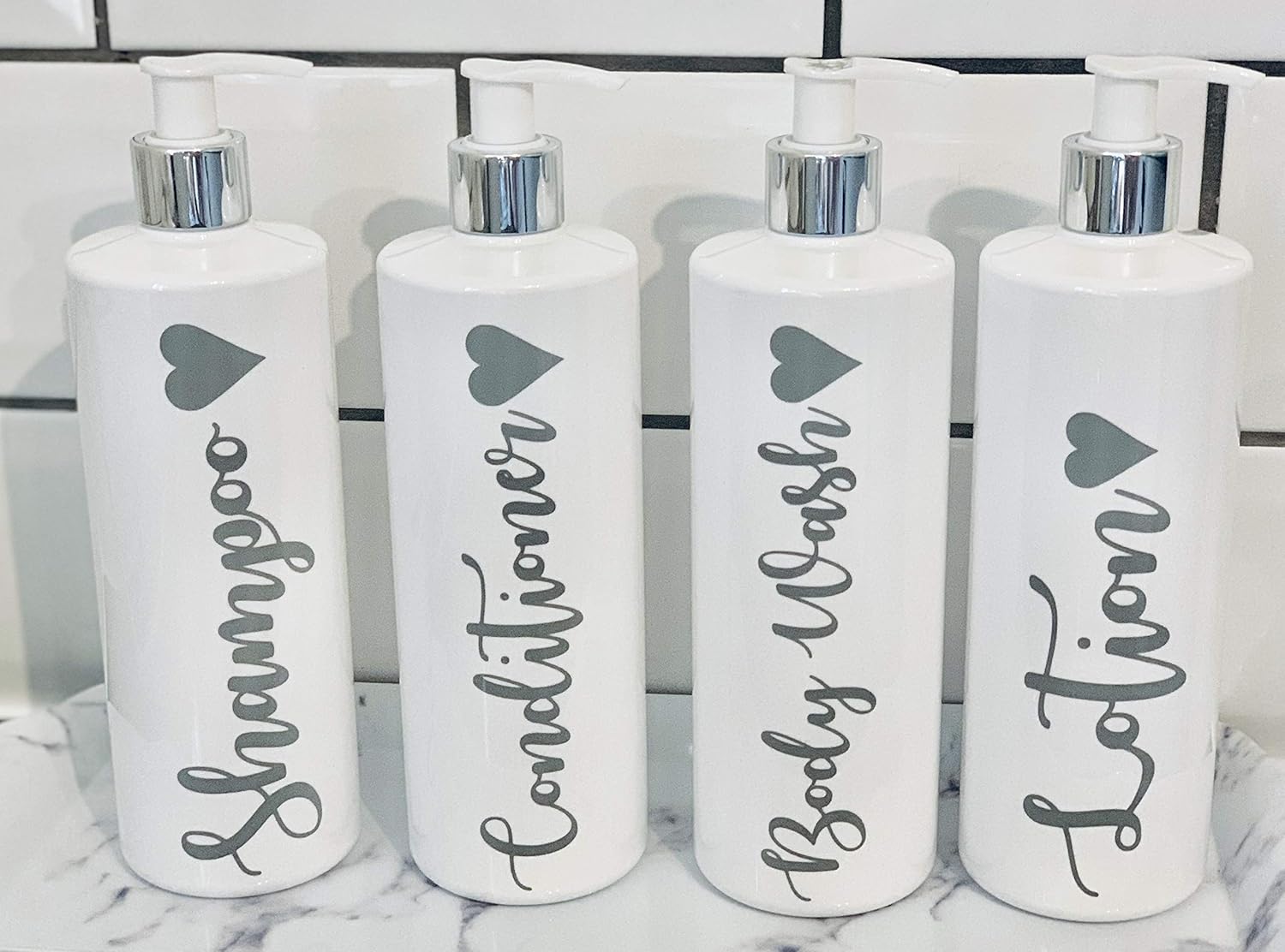 4x White Bathroom Bottle Mrs Hinch Shampoo Conditioner Body