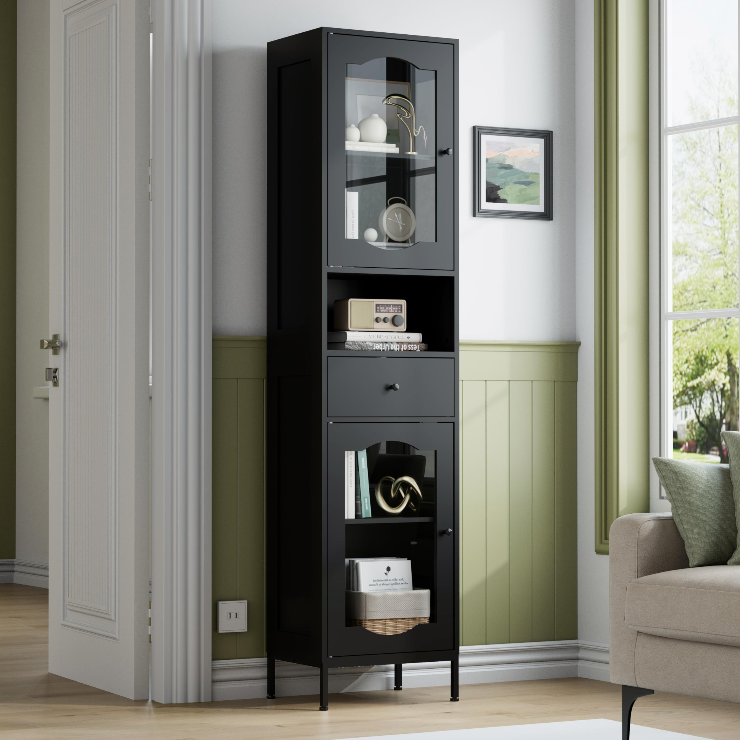 Badezimmerschrank Schmal mit 2 Acryltüren & Schublade, 170cm Badschrank Hochschrank für Badezimmer, 5 Fächern & Verstellbare Ablagen, 30 x 40 x 170 cm, Schwarz