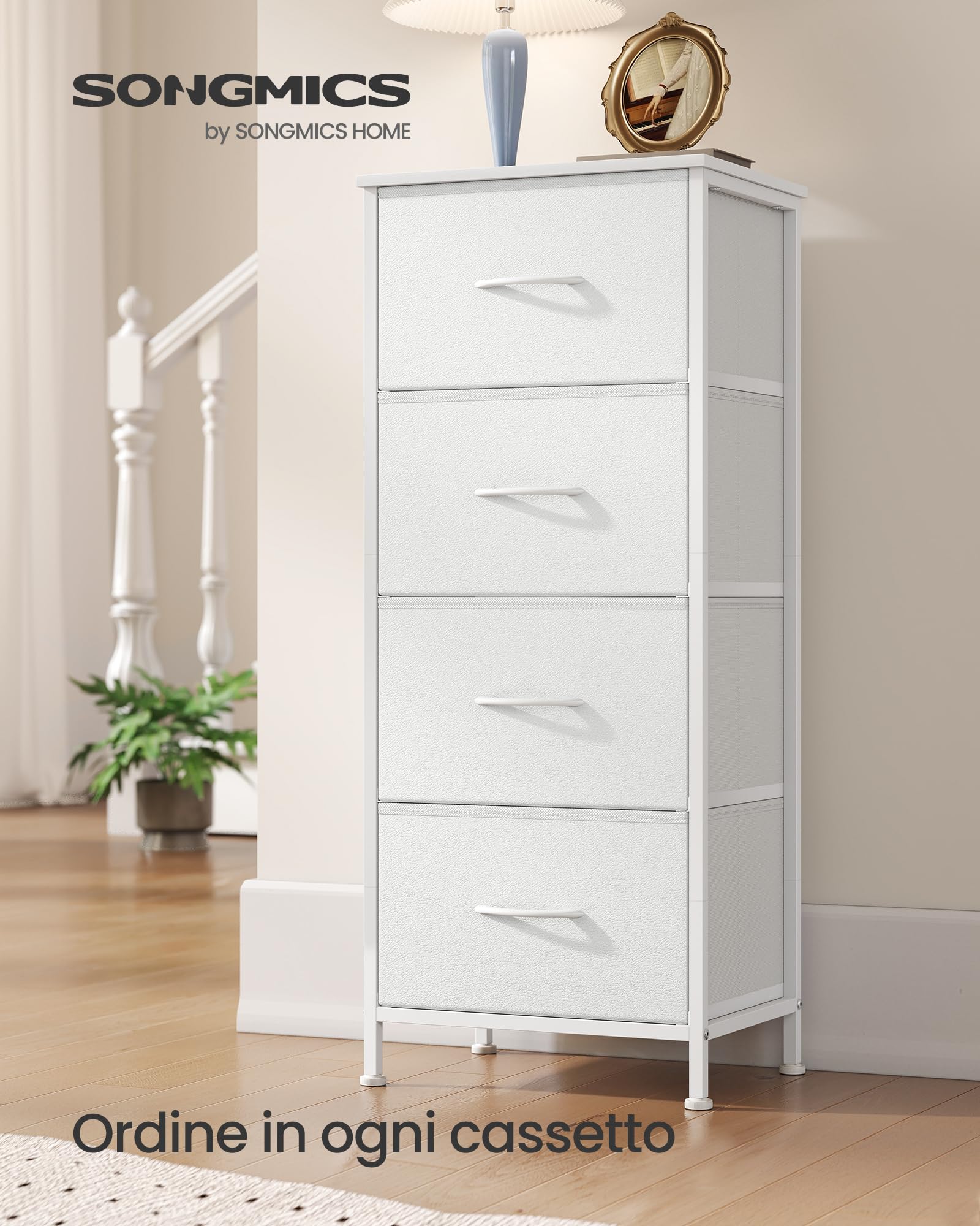 SONGMICS BELLAH Collezione - Cassettiera con 4 Cassetti in Tessuto, Acciaio, MDF, Tessuto Non Tessuto, per Camera da Letto, Armadio, Corridoio e Soggiorno, Bianco Nuvola e Bianco Neve LGS314WH01