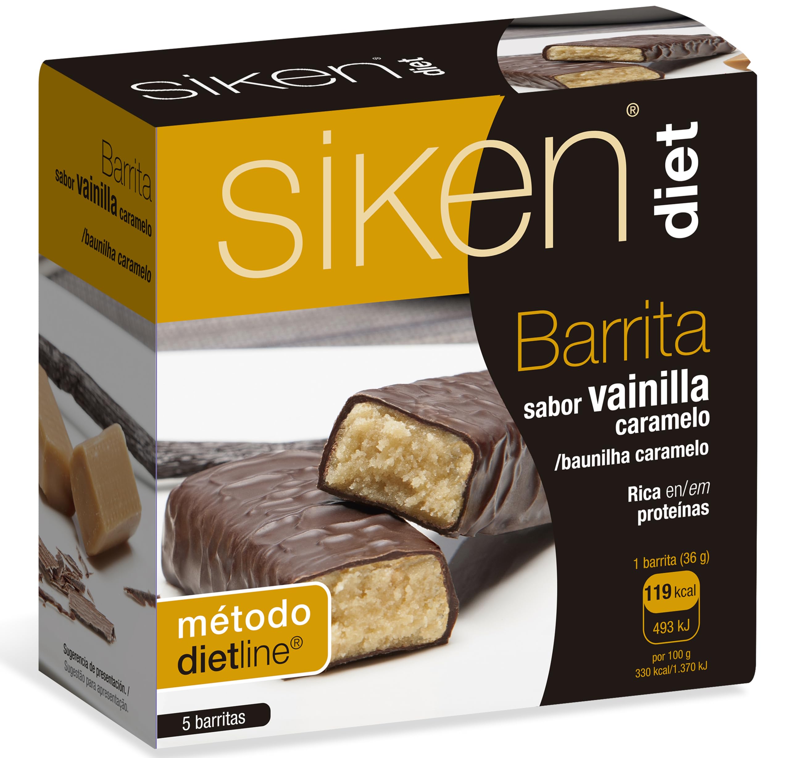 Siken Diet - Barrita Sabor Vainilla y Caramelo. Rica en Proteínas y en fibras - Estuche con 5 uds, 180 gr