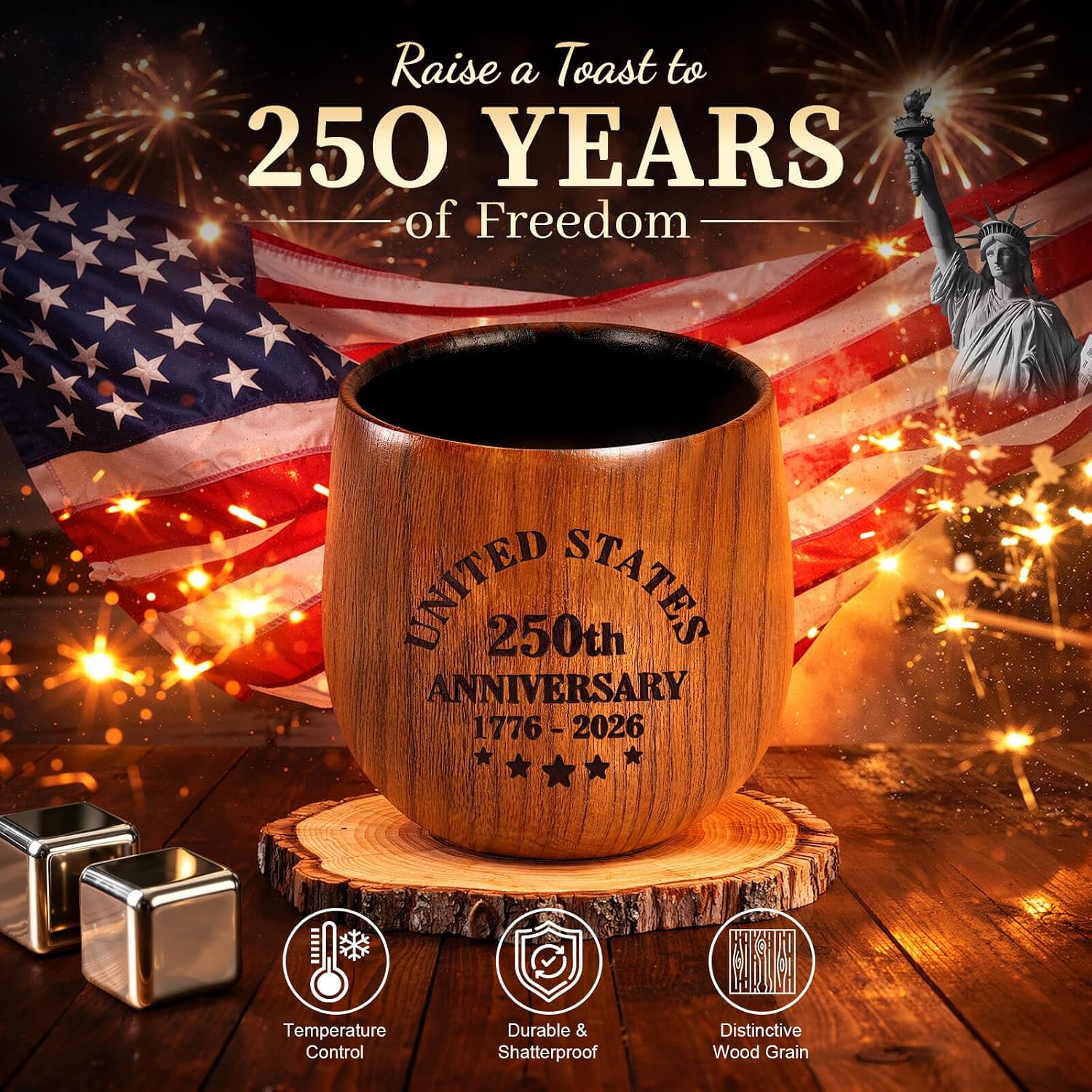 SALUNA 250th Anniversary Glasses, Charred Wooden Bourbon Drinking Glass, We The People 250 Anniversary USA Merchandise Whiskey Glass Gift Set for Men on Father's Day (2 Pack)