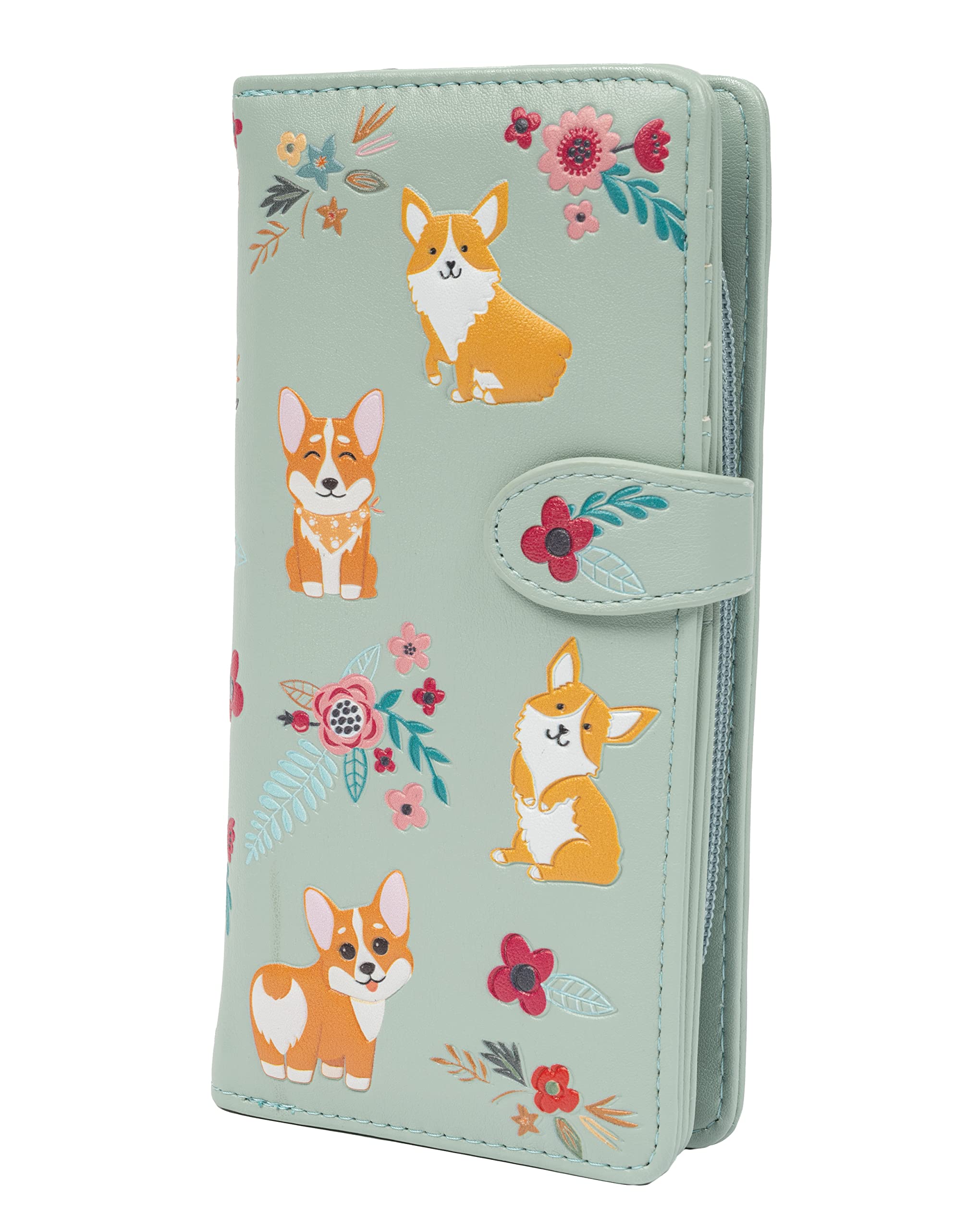Women's Premium Vegan Clutch Cardholder Wallet Zipper Purse with Pretty Corgi Pattern, Aqua