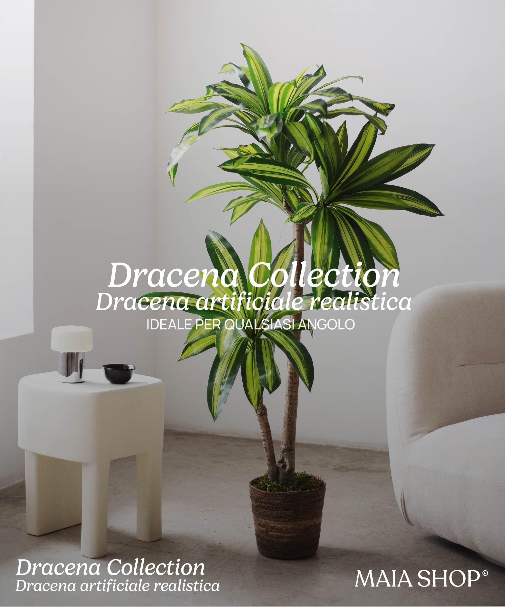 MAIA SHOP Dracaena artificiale 120 cm, pianta finta decorativa iperrealistica, albero tropicale per casa ufficio hotel e interni coperti