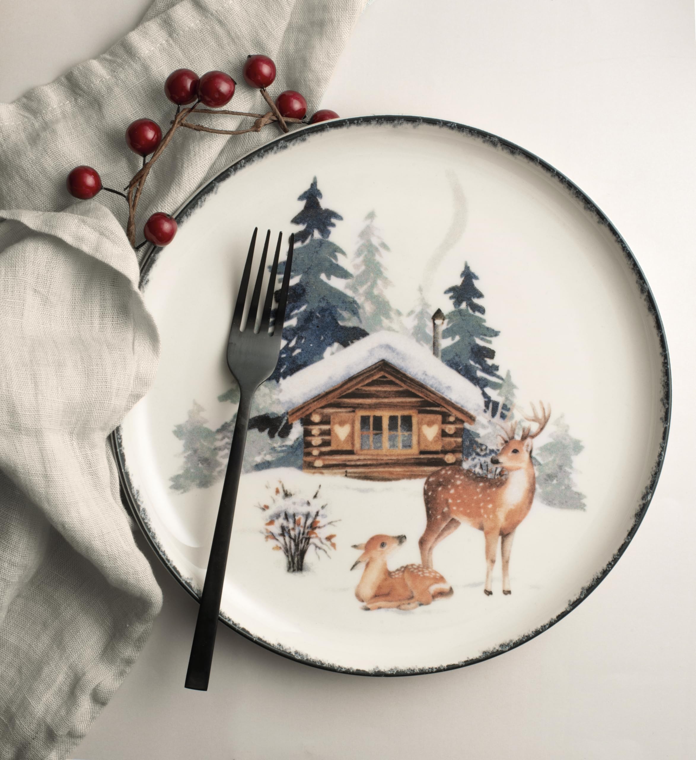 H&H, 18 pièces Frosty, service de table de Noël, décor robin, grès, lavable