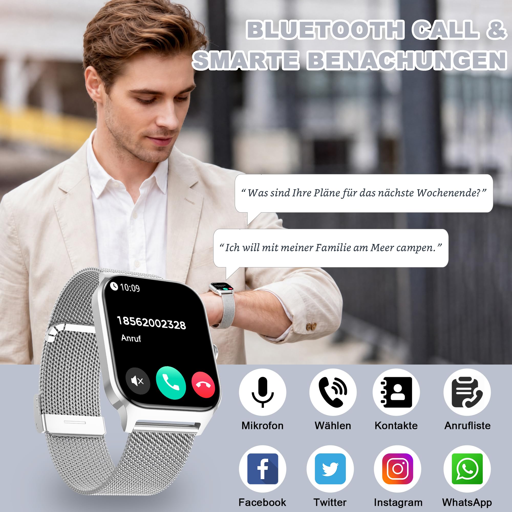 LODIMEKE Smartwatch Blutdruckmessung, Fitnessuhr Herren Damen Bluetooth-Telefonie, Herzfrequenz, SpO2, Stress, Schlaf, 100+ Sportmodi Fitness Tracker, Schrittzähler, Geschenk für iPhone Android