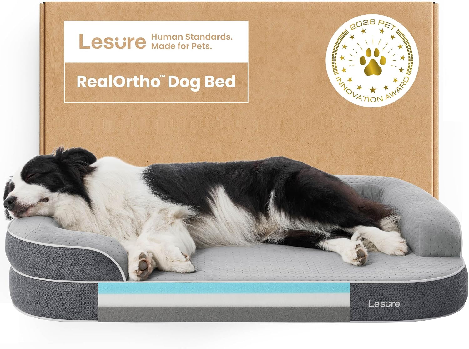 LE SURE RealOrtho XL 3-Layer Orthopedic Dog Bed for Large Dogs, 42 in. Grey