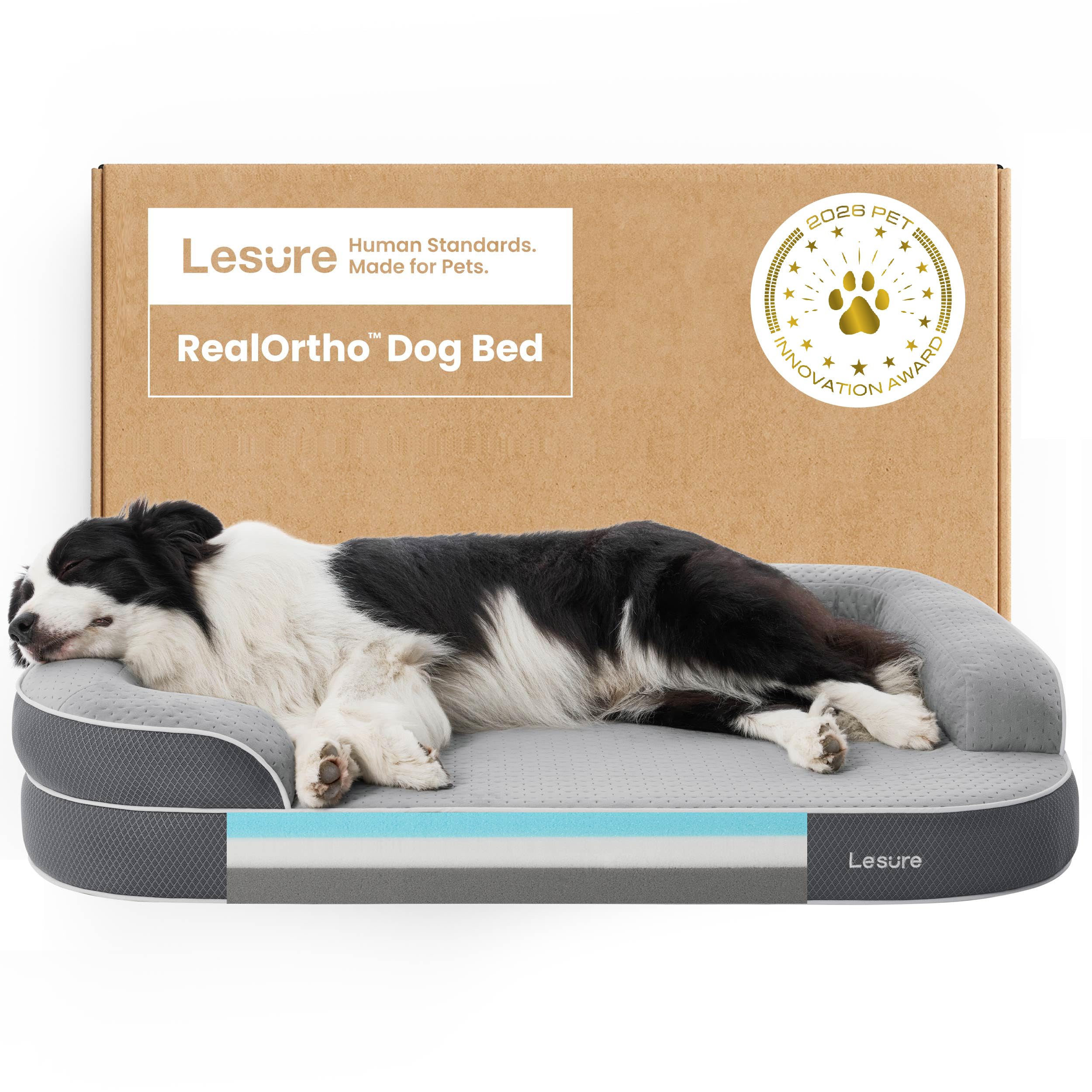LE SURE RealOrtho™ Memory-Schaum Hundebett groß - orthopädisches Hundesofa | Premium 3-Schicht Stützschaum Hundekorb, Senioren-Gelenkschutz, wasserdichter & waschbarer Bezug für Tiefschlaf, 106cm grau
