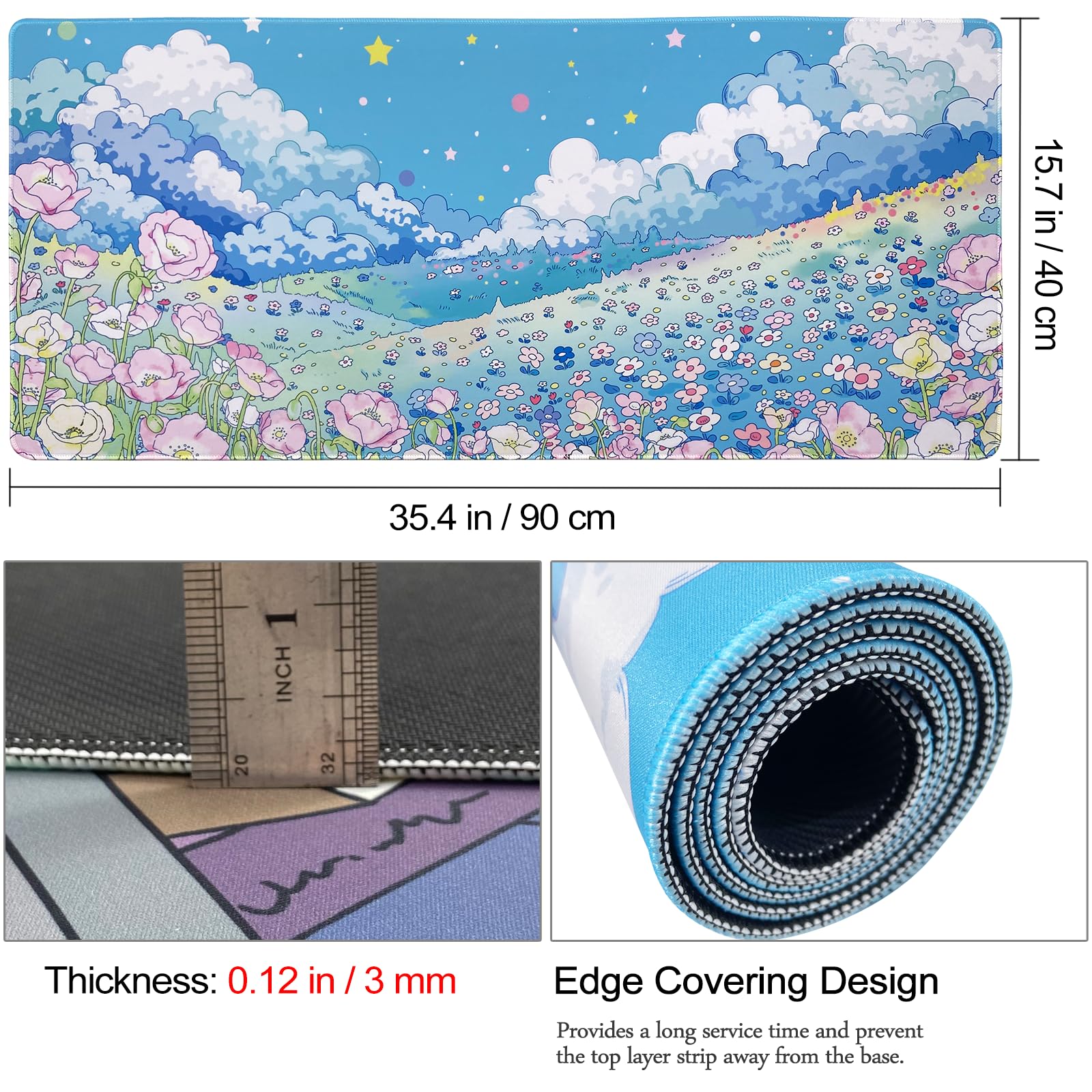 Alfombrilla de mouse extendida grande para juegos de 35.4 x 15.7 x 0.12 pulgadas (3 mm de grosor), alfombrilla de escritorio de oficina de gran tamaño con bordes cosidos, color azul