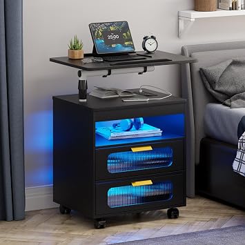 LED Nightstand with Wireless Charging Station, Bedroom Night Stand with Adjustable Rotary Study Table/Workable, Smart Bedside Table Night Stand with 2 Drawers and 4 Lockable Wheels Black