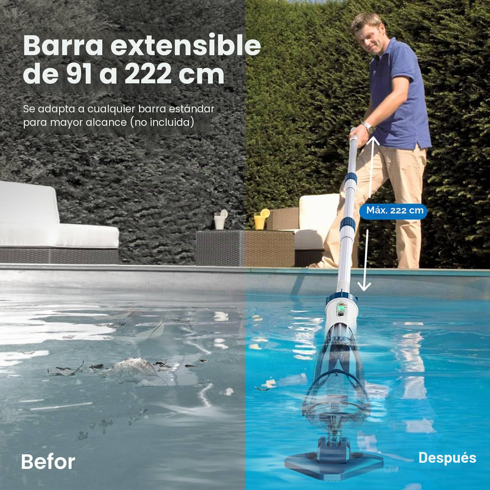 Enhulk Aspirador de Piscina con batería, hasta 60 Minutos de autonomía, Aspirador de Piscina con pértiga telescópica, succión de 4200 l/h, Ideal para Piscinas elevadas, spas y más, Azul