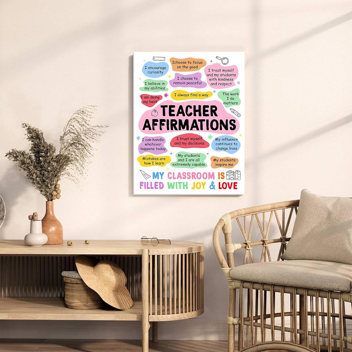 Back to School Canvas Wall Art, Daily Teacher Affirmations Poster Print, Inspirational Educator Quote Print Framed Oil Painting for School Office, Teacher Desk, or Classroom Decor 11x14inch