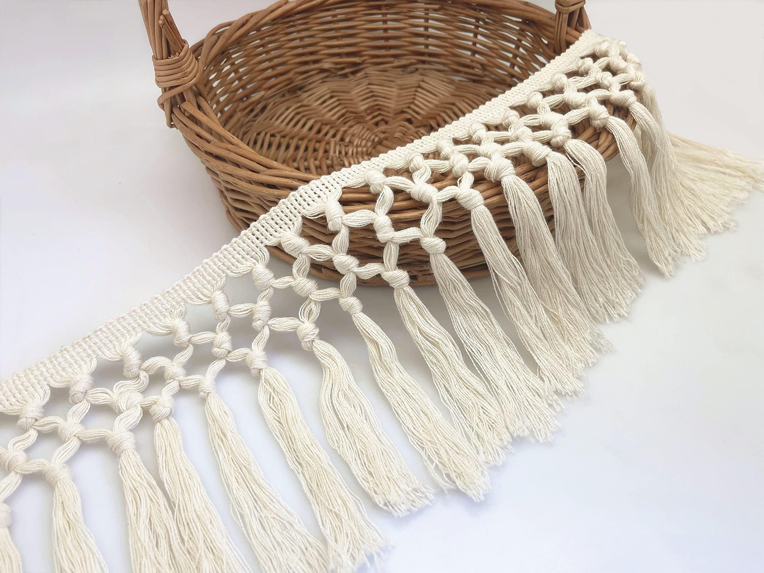 FQTANJU 3 Yards 14cm Wide Tassel Trim, Cotton Tassel Fringe Boho Macrame Tassel Ribbon for Sewing Accessories DIY Crafts and Home Decoration(Beige)