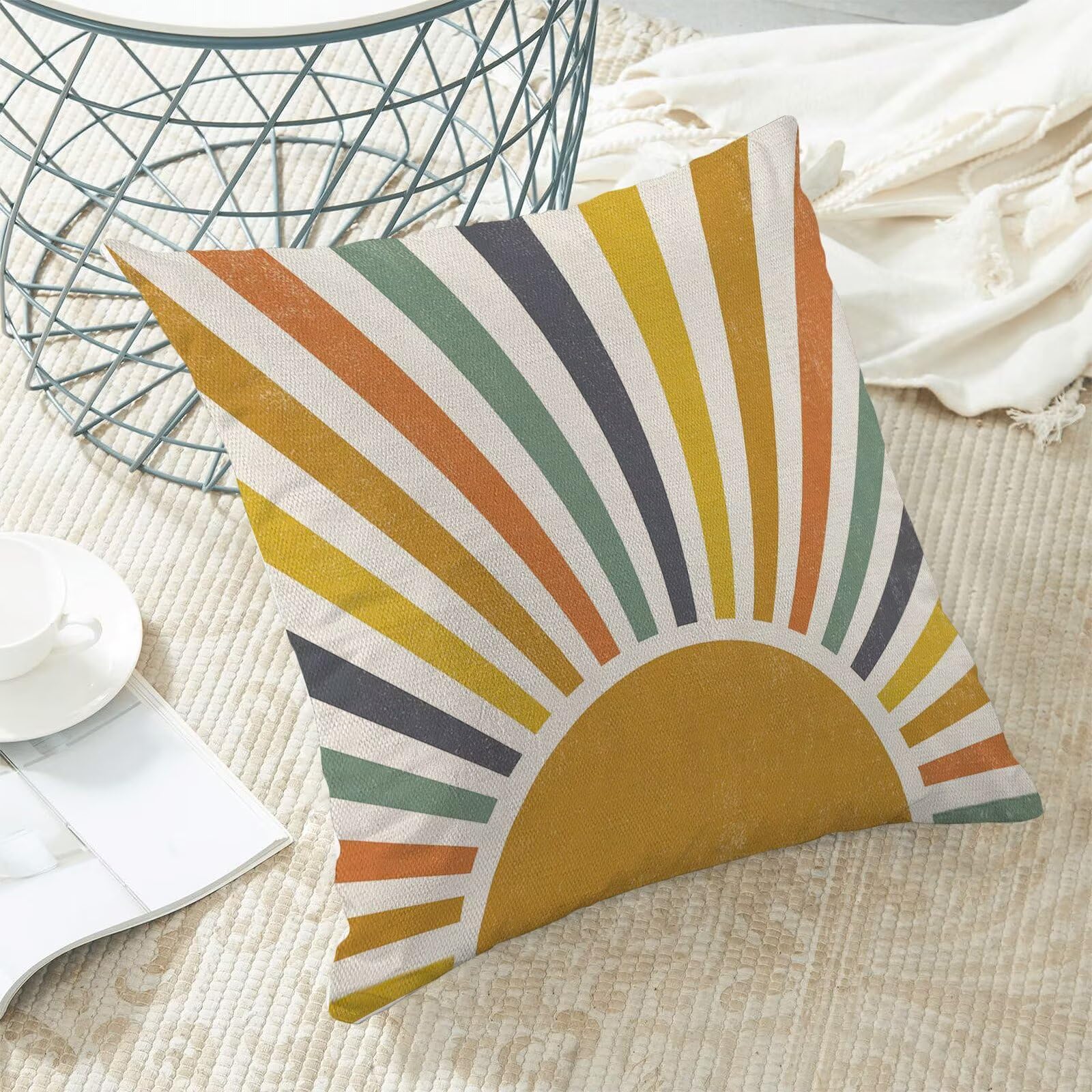 Rainbow Sun Pillow Covers 20x20 Inch - Set Of 2 Boho Linen Blend Throw Pillow Cases