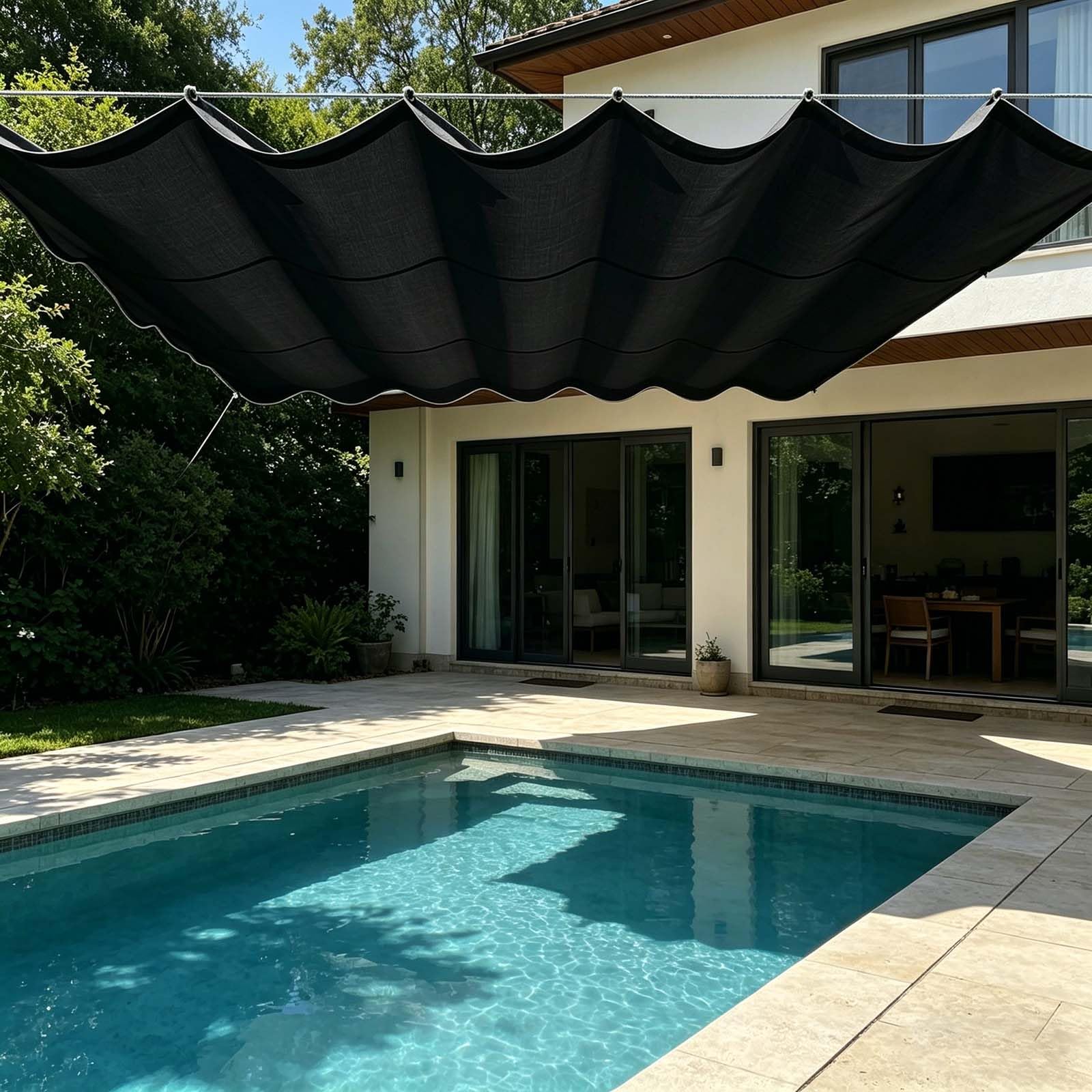 Voile d'ombrage vague rétractable 120x205 cm en toile PES noir imperméable