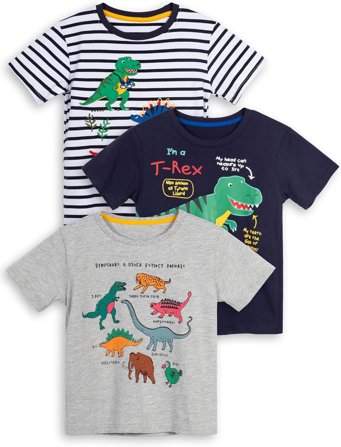 LOKTARC Boys Dinosaur T-Shirts Crewneck Short Sleeve Shirts 3-Pack Toddler Tops