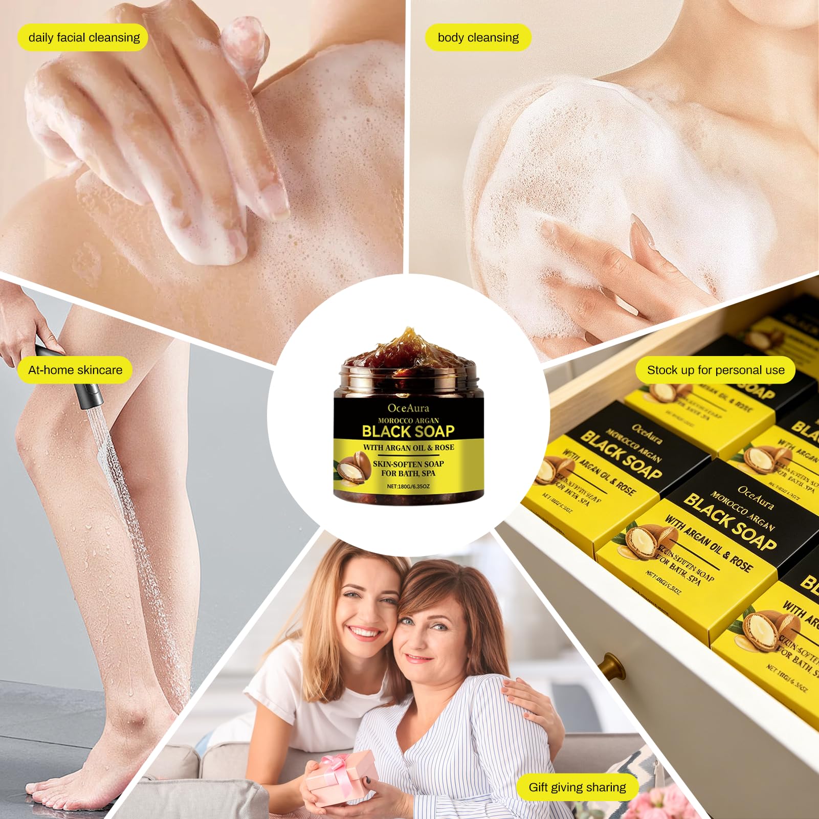 Sapone nero esfoliante marocchino 180g, sapone nero marocchino con argan e rosa, scrub corpo marocchino, sapone nero marocchino biologico con guanto esfoliante per la pelle morbida