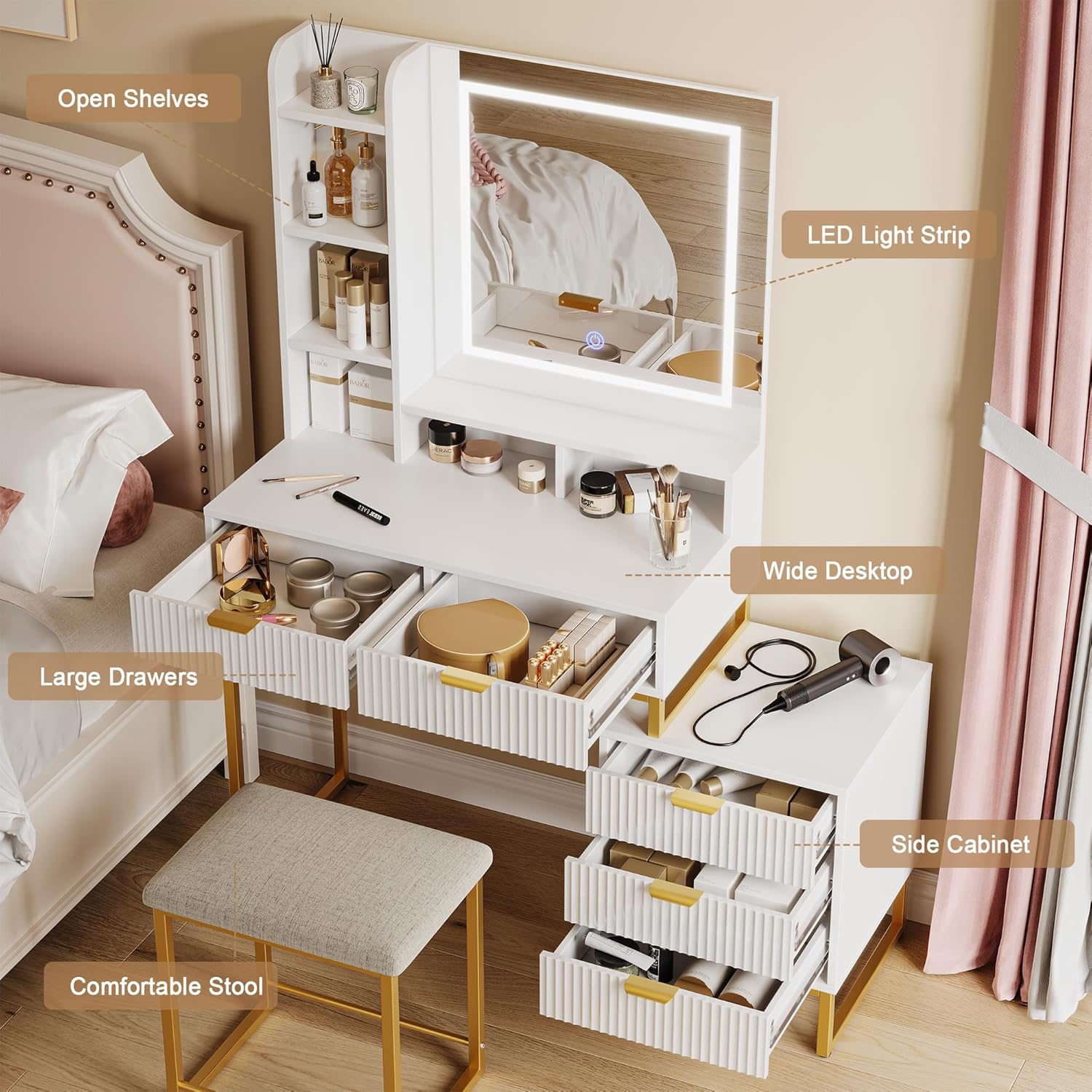 Make Up Vanity Set, Modern Make Up Table with Lighted Mirror, Side Storage Cabinet, White Vanity Desk and Stool, Small Vanity Table with Storage Shelves, Drawers for Bedroom