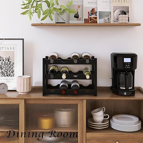 Miniatura 2 de SMIBUY Estante de bambú para vino, soporte para 12 botellas, estantes de almacenamiento independientes de 3 niveles para cocina, despensa, bodega,