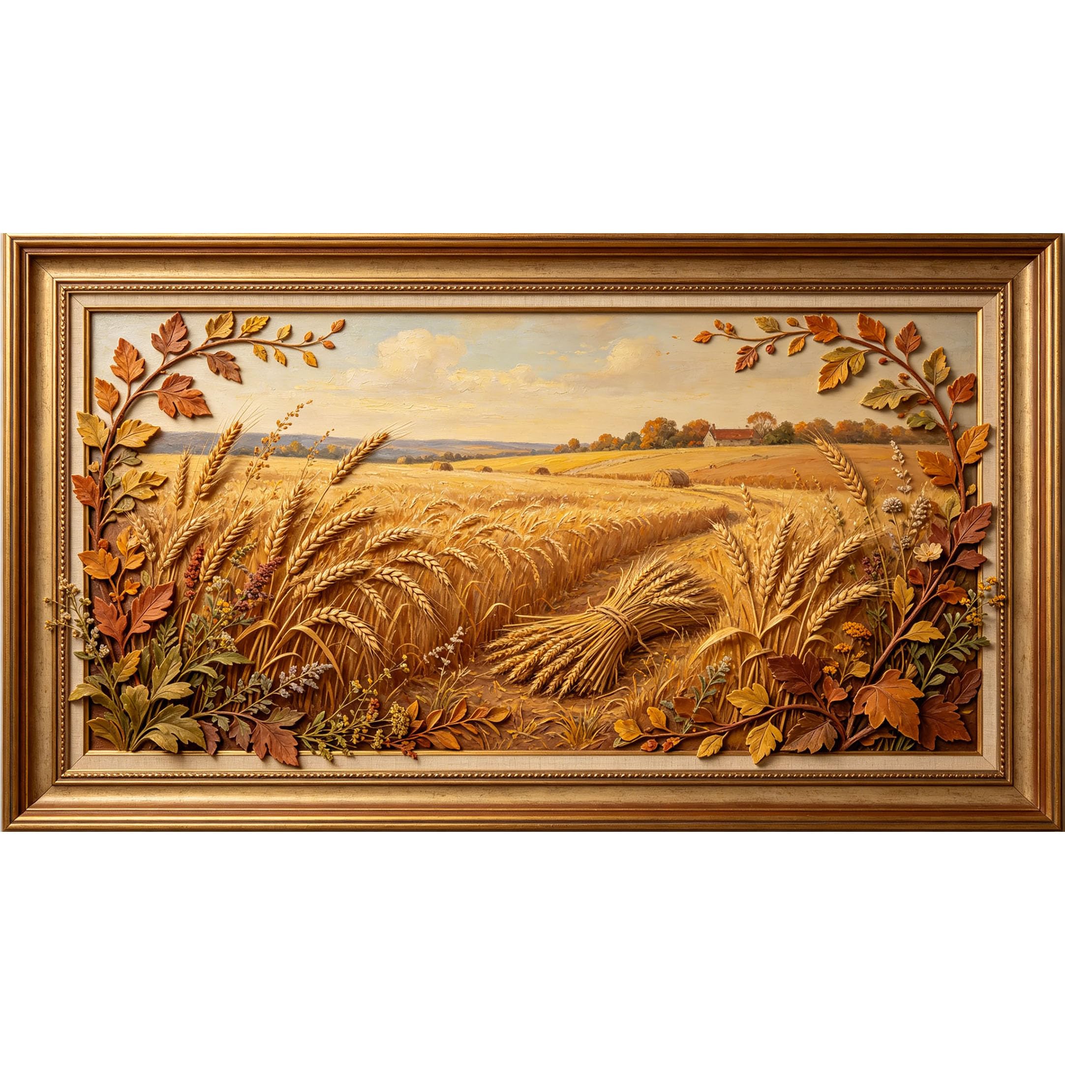 QZLITHOTIC 50x90cm3D Framed Wall Art， Farmhouse Wheat Field Harvest Landscape Self‑Adhesive Mural， Water‑Activated Peel & Stick Fabric Decor Wall Decal for Bedroom Living Room
