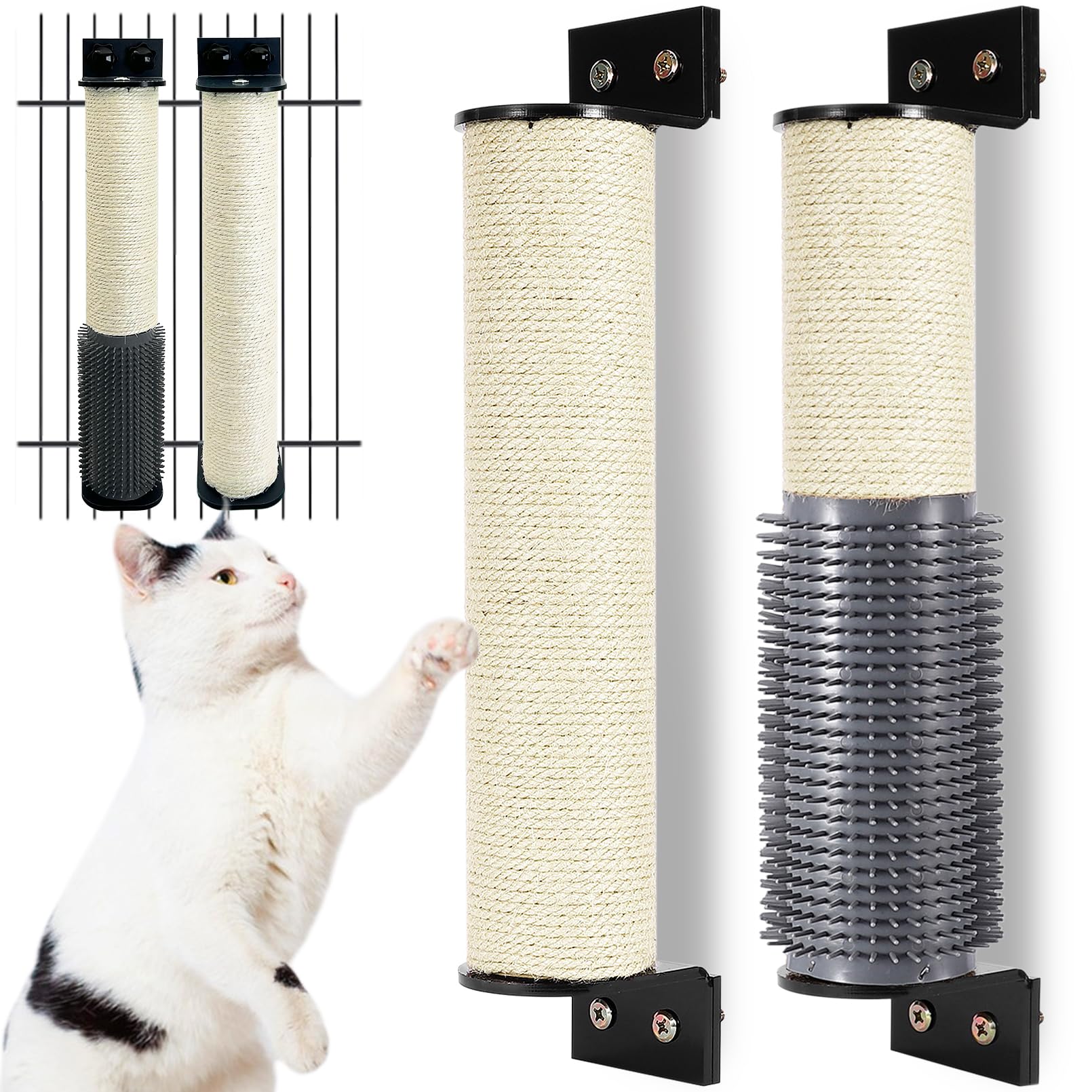 Apatal Cat Scratching Post Wall Mounted 2 Pack Cage Mount Cat Scratcher 2-in-1 Natural Sisal Kitty Scratch Posts with Self Groomer Massager for Scratch and Climbing 15.7x2.7in (White)