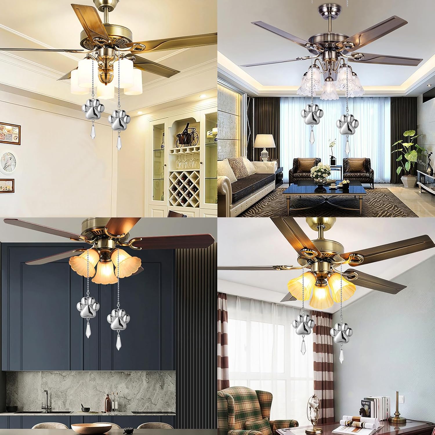 2 Pieces Crystal Ceiling Fan Pull Chain Decorative Silver Pet Footprints Pull Chain Ornaments Extension 24 Inch Ceiling Ornament with Connectors